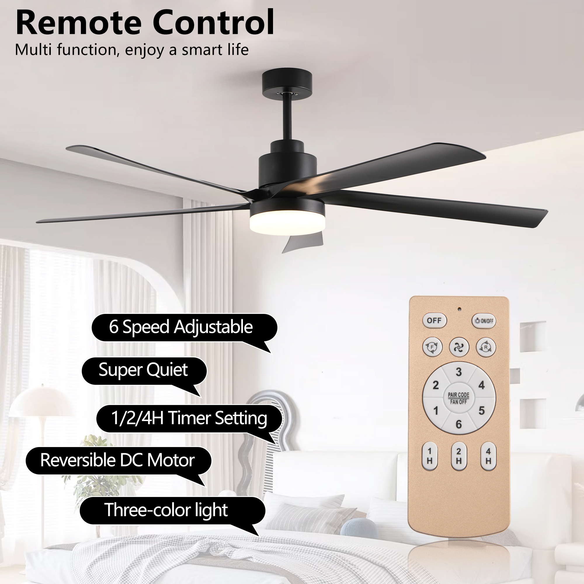 65 Inch Black Ceiling Fan with Light, 5-Blade Dimmable LED Ceiling Fan with Remote Control, Modern Quiet Design for Living Room and Bedroom (Silent/6-Speed/Reversible/DC Motor) - Image 3