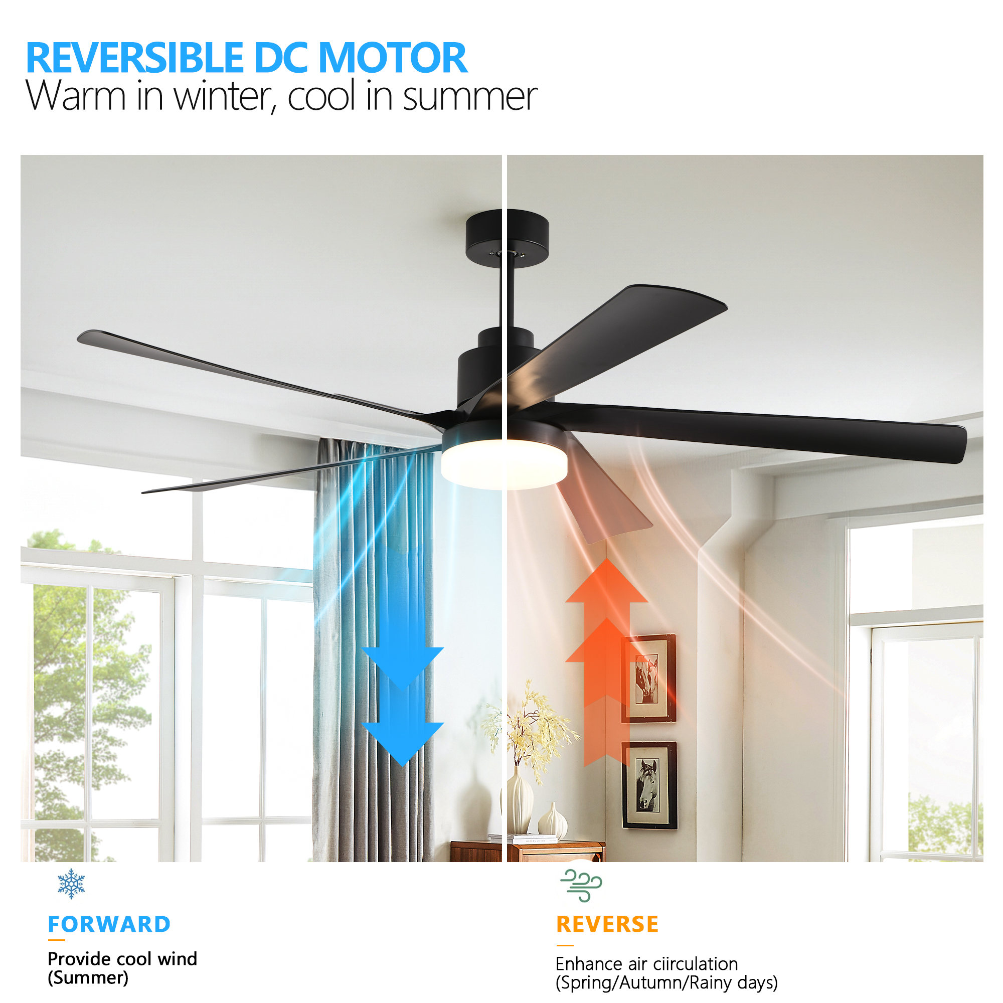 65 Inch Black Ceiling Fan with Light, 5-Blade Dimmable LED Ceiling Fan with Remote Control, Modern Quiet Design for Living Room and Bedroom (Silent/6-Speed/Reversible/DC Motor) - Image 5