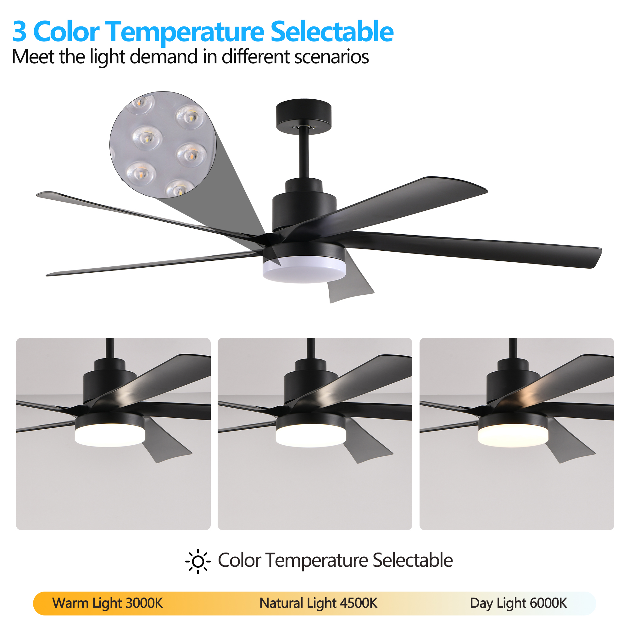 65 Inch Black Ceiling Fan with Light, 5-Blade Dimmable LED Ceiling Fan with Remote Control, Modern Quiet Design for Living Room and Bedroom (Silent/6-Speed/Reversible/DC Motor) - Image 6