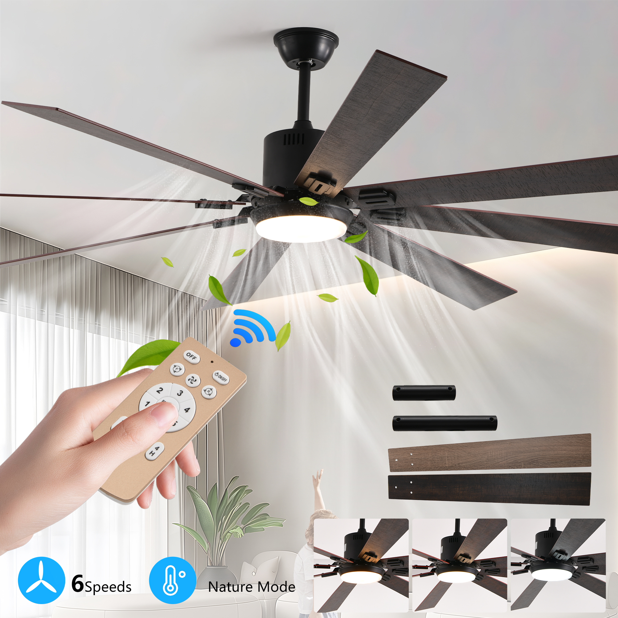 72" Walnut LED Ceiling Fan Light with 8 Wooden Blades, Remote Control, Adjustable Color Temperature for Living Room, Bedroom, or Dining Room (Silent/6-Speed/Reversible/DC Motor) - Image 3