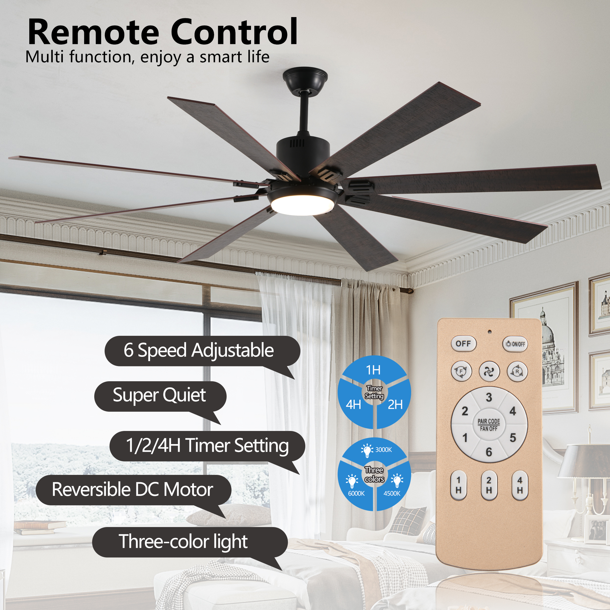 72" Walnut LED Ceiling Fan Light with 8 Wooden Blades, Remote Control, Adjustable Color Temperature for Living Room, Bedroom, or Dining Room (Silent/6-Speed/Reversible/DC Motor) - Image 4