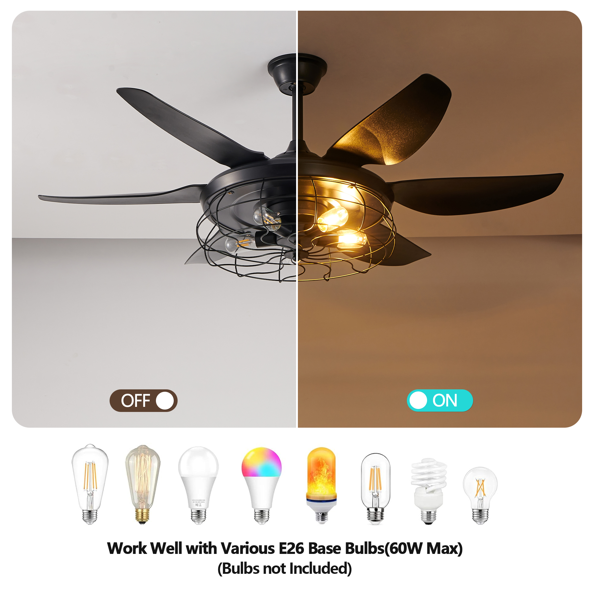 52" Modern Black Ceiling Fan with Light, 6 Fan Blades and Industrial Cage Design, Adjustable Speed for Living Room, Bedroom, Dining Room (Silent/6-Speed/Reversible/DC Motor) (Bulb Not Included) - Image 2