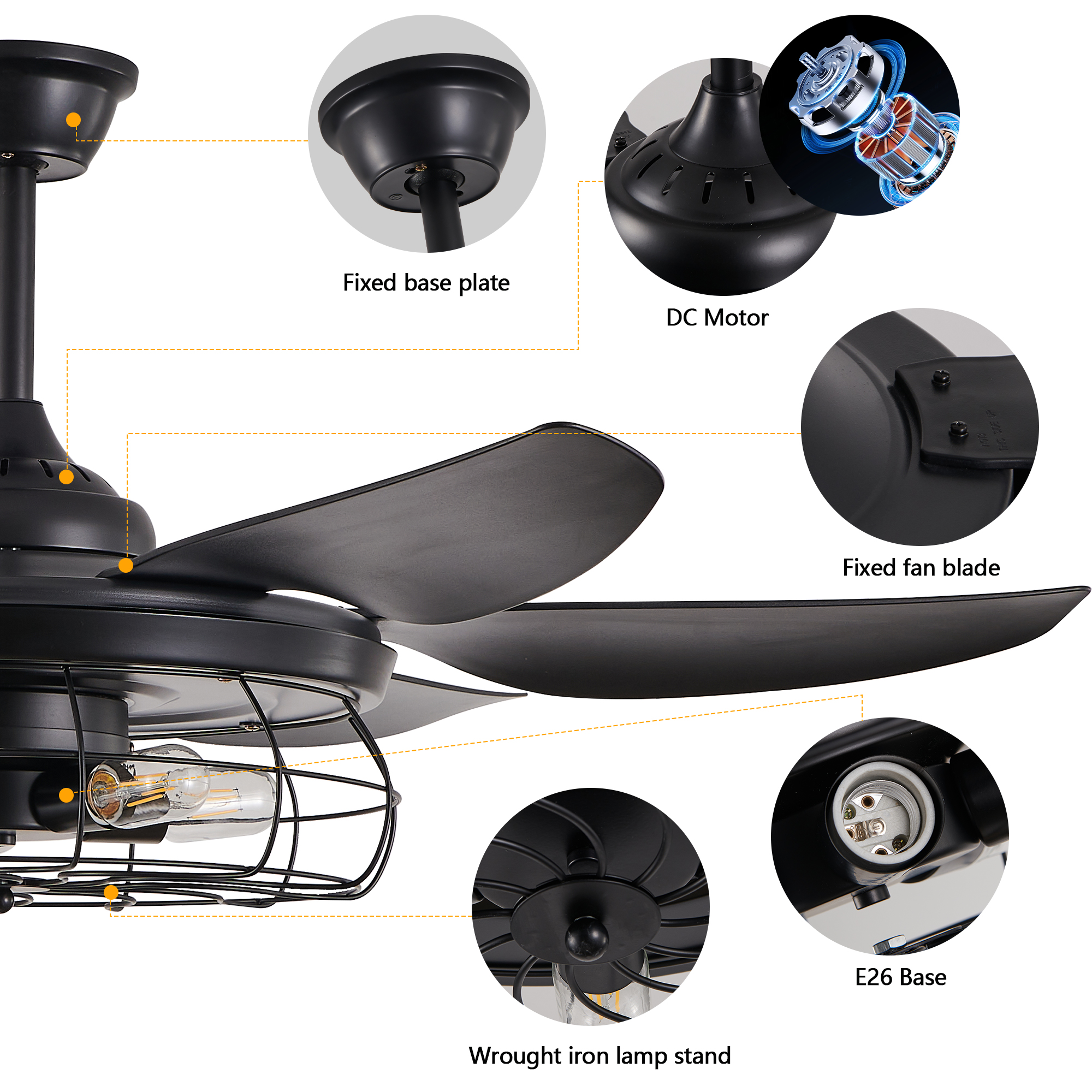 52" Modern Black Ceiling Fan with Light, 6 Fan Blades and Industrial Cage Design, Adjustable Speed for Living Room, Bedroom, Dining Room (Silent/6-Speed/Reversible/DC Motor) (Bulb Not Included) - Image 4