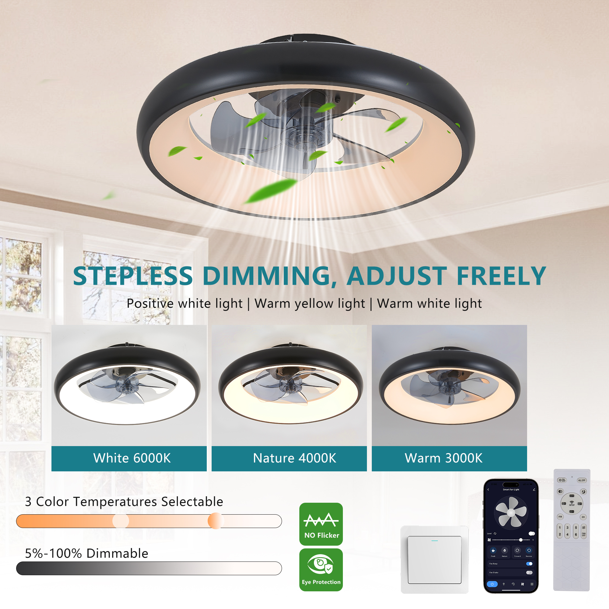 20" Black LED Ceiling Fan Light – Dimmable & Adjustable Color Temperature, APP & Remote Control, Modern Smart Ceiling Fan for Living Room, Bedroom, and Dining Room (Silent/6-Speed/Reversible/DC Motor) - Image 2