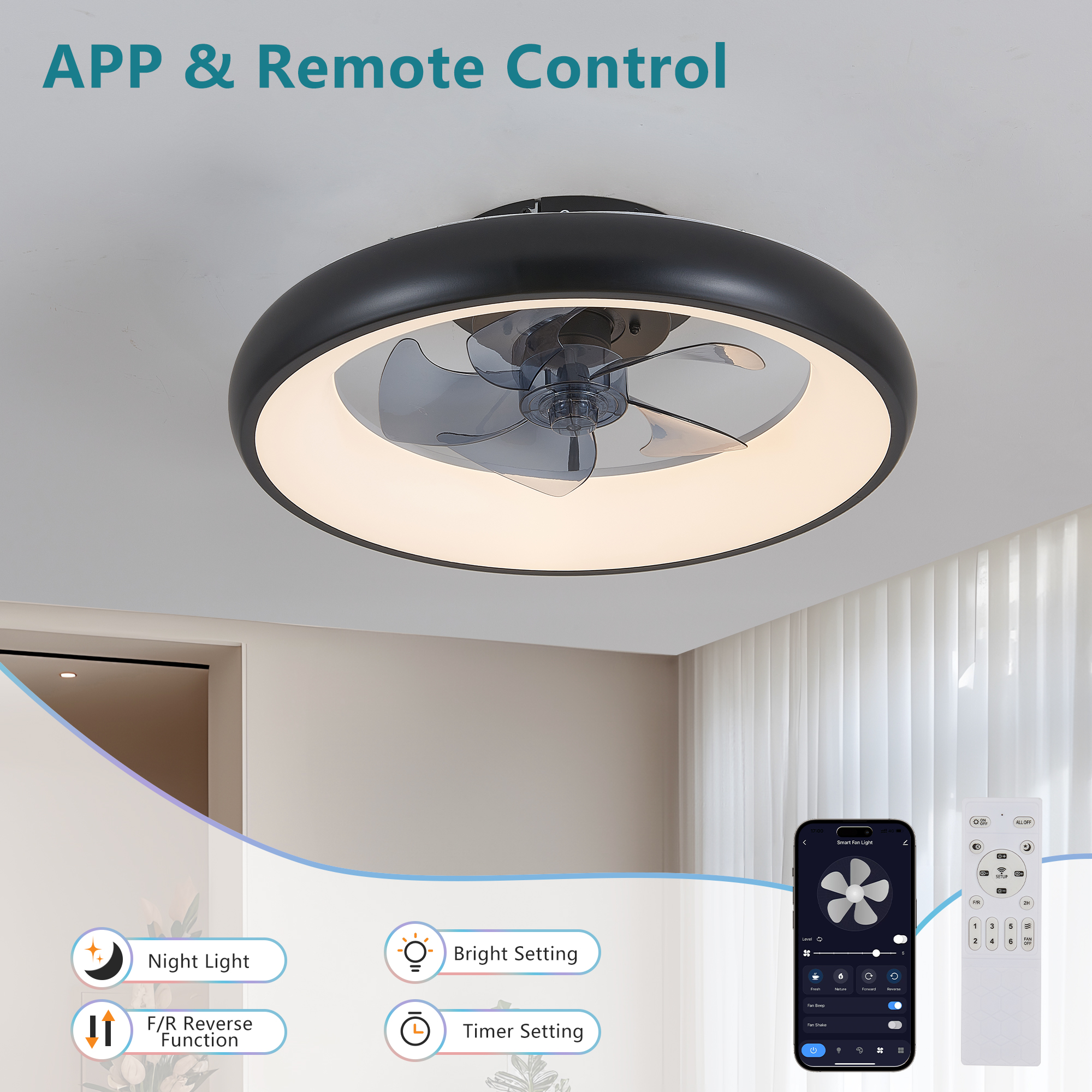 20" Black LED Ceiling Fan Light – Dimmable & Adjustable Color Temperature, APP & Remote Control, Modern Smart Ceiling Fan for Living Room, Bedroom, and Dining Room (Silent/6-Speed/Reversible/DC Motor) - Image 5