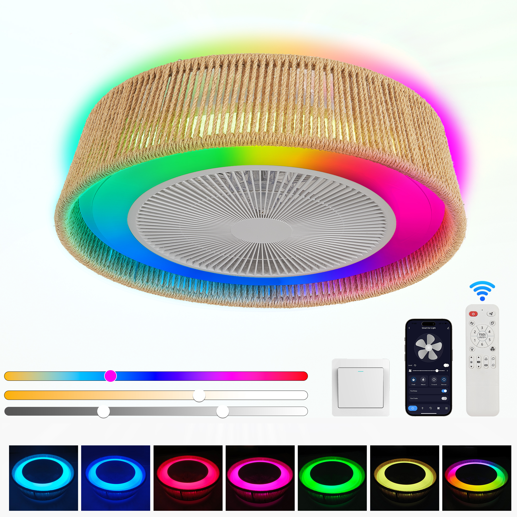 21" Modern Rustic Ceiling Fan Light with LED RGB Mood Lighting, Rope Woven Design, Quiet Fan, Semi Flush Mount for Bedroom, Living Room, or Dining Room ((Silent/6-Speed/Reversible/DC Motor)) - Image 2