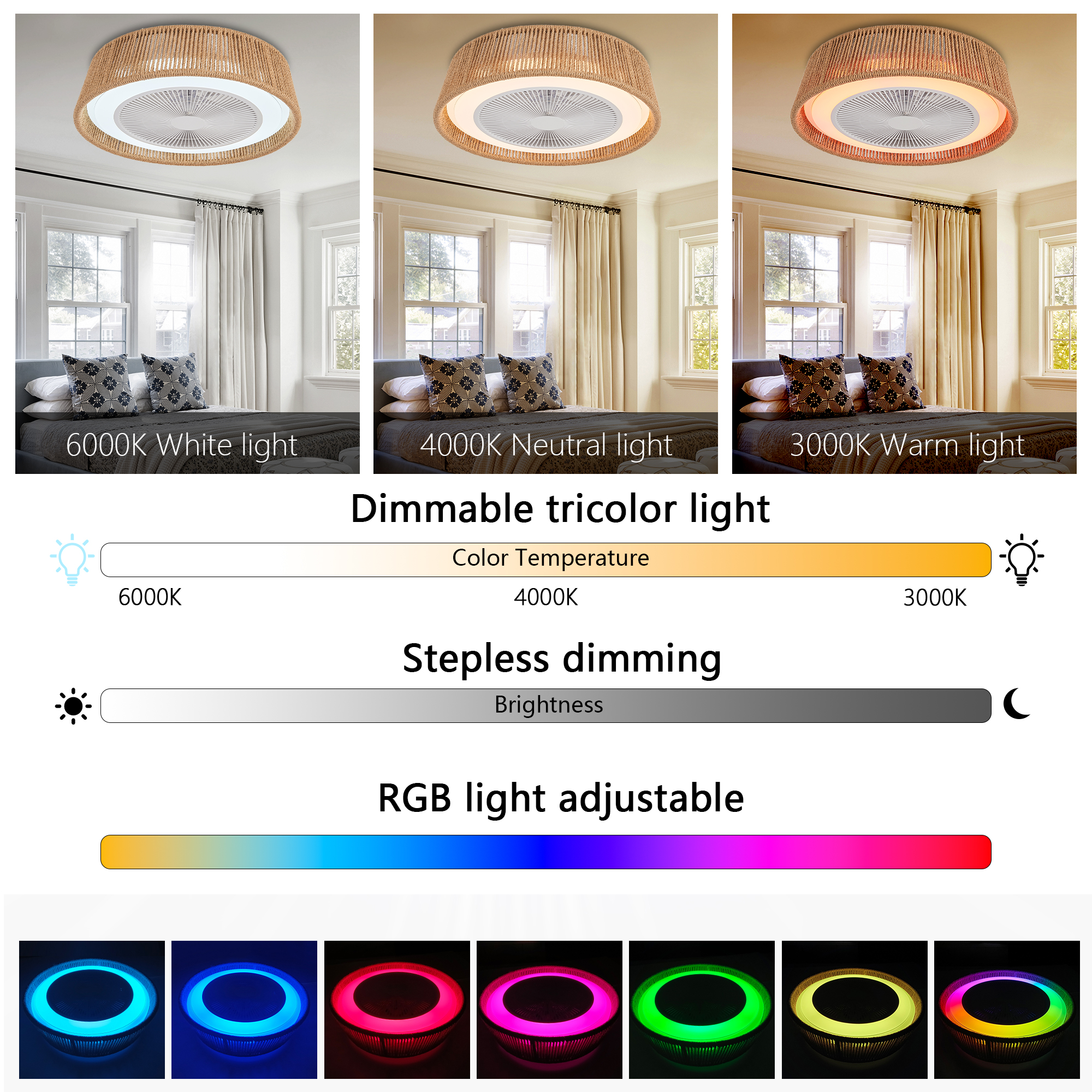21" Modern Rustic Ceiling Fan Light with LED RGB Mood Lighting, Rope Woven Design, Quiet Fan, Semi Flush Mount for Bedroom, Living Room, or Dining Room ((Silent/6-Speed/Reversible/DC Motor)) - Image 5
