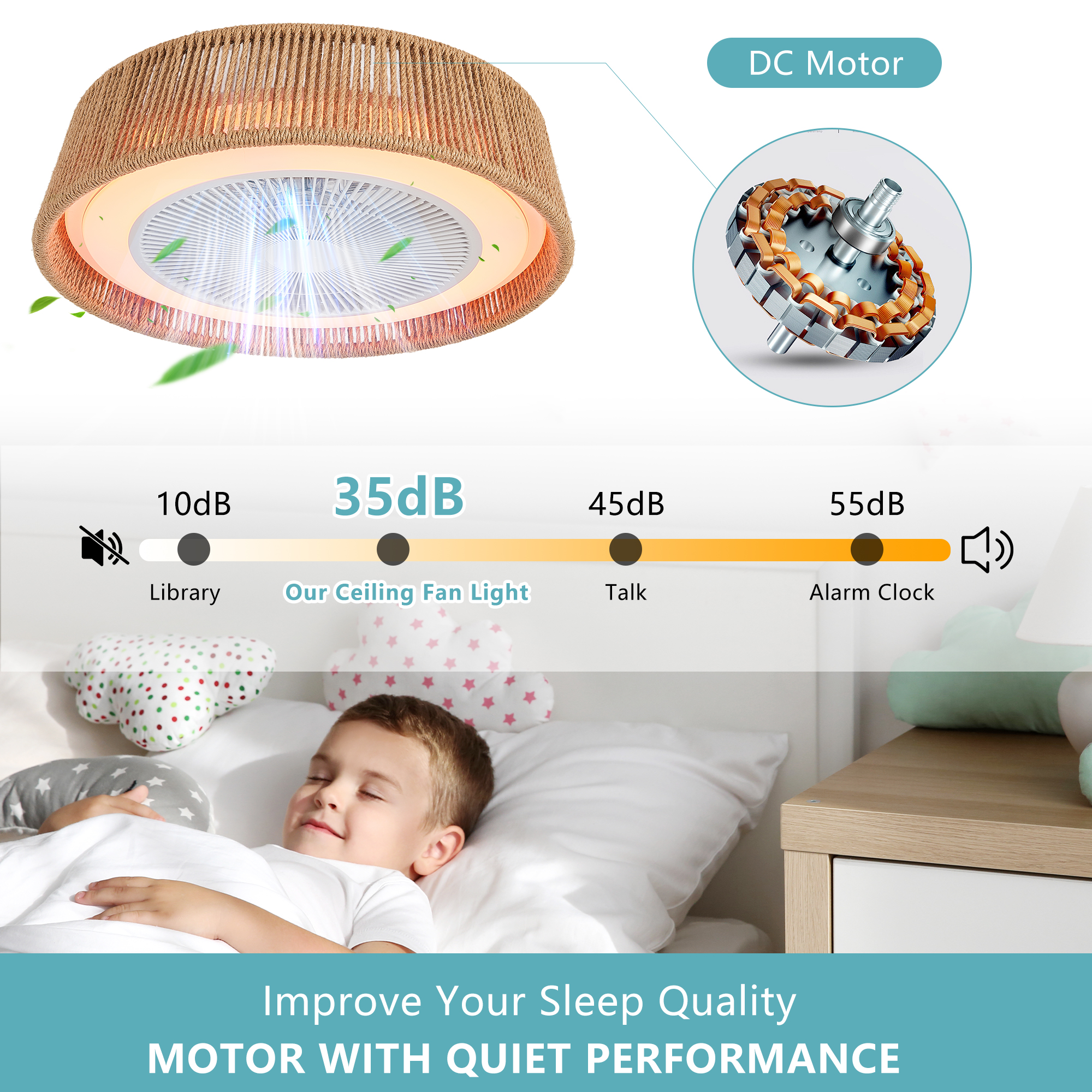 21" Modern Rustic Ceiling Fan Light with LED RGB Mood Lighting, Rope Woven Design, Quiet Fan, Semi Flush Mount for Bedroom, Living Room, or Dining Room ((Silent/6-Speed/Reversible/DC Motor)) - Image 6