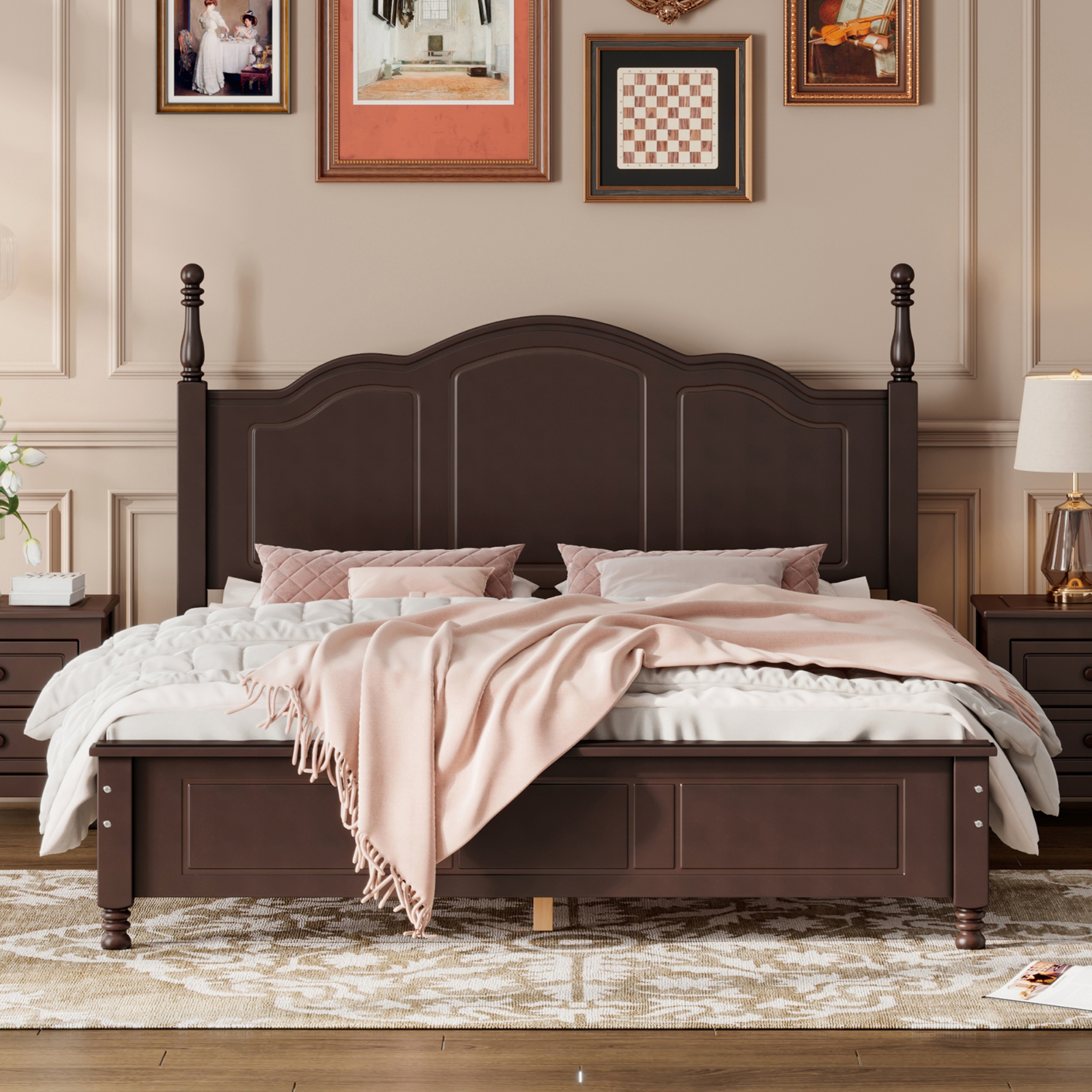 Queen Size Wood Platform Bed Frame,Retro Style Platform Bed with Wooden Slat Support,Dark Walnut - Image 1