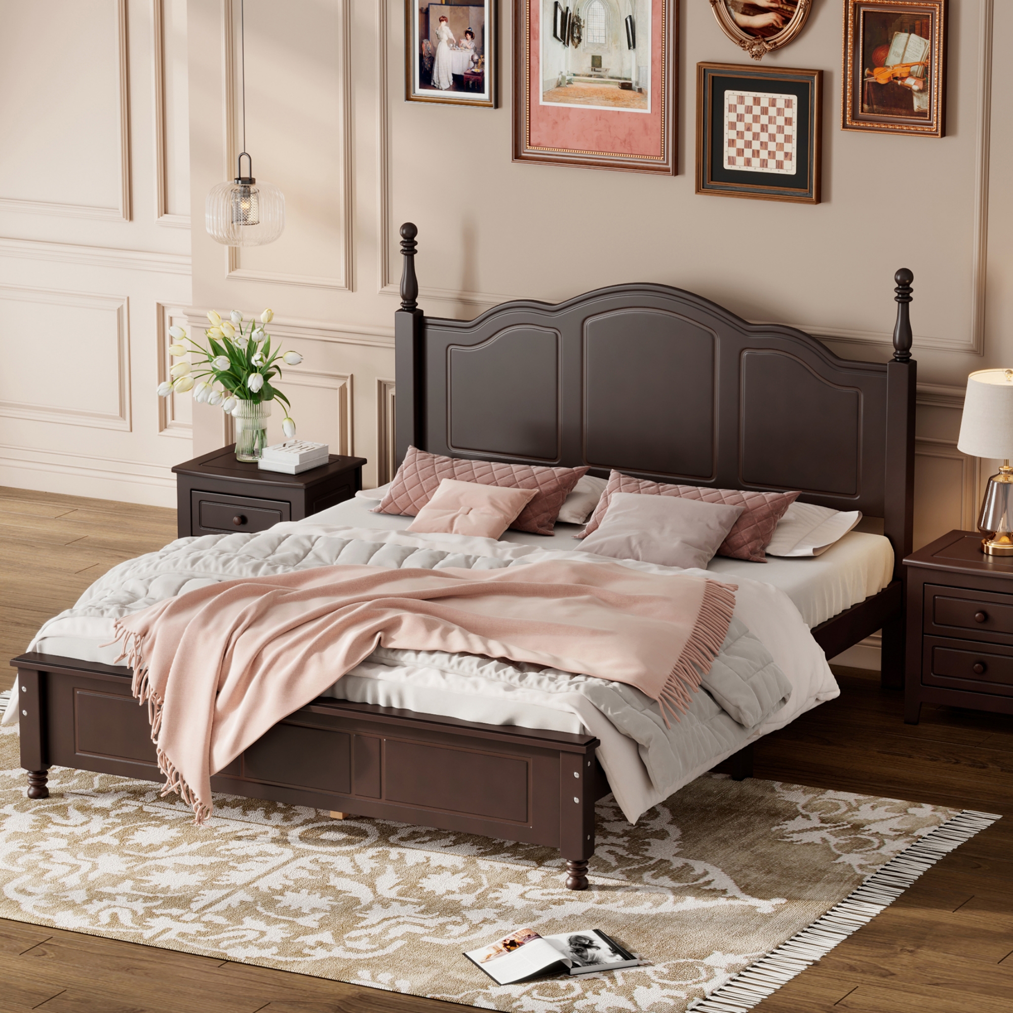 Queen Size Wood Platform Bed Frame,Retro Style Platform Bed with Wooden Slat Support,Dark Walnut - Image 2