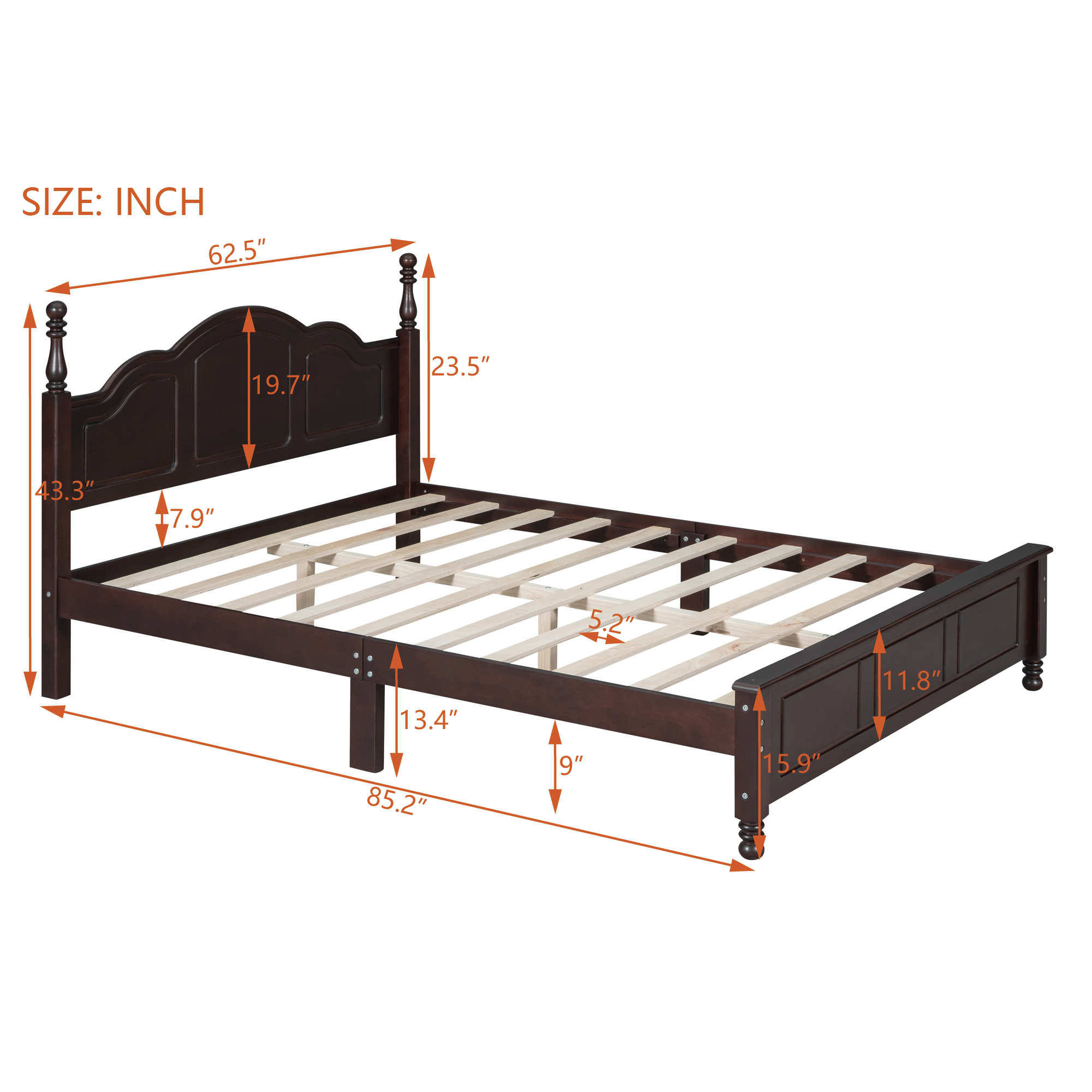 Queen Size Wood Platform Bed Frame,Retro Style Platform Bed with Wooden Slat Support,Dark Walnut - Image 6