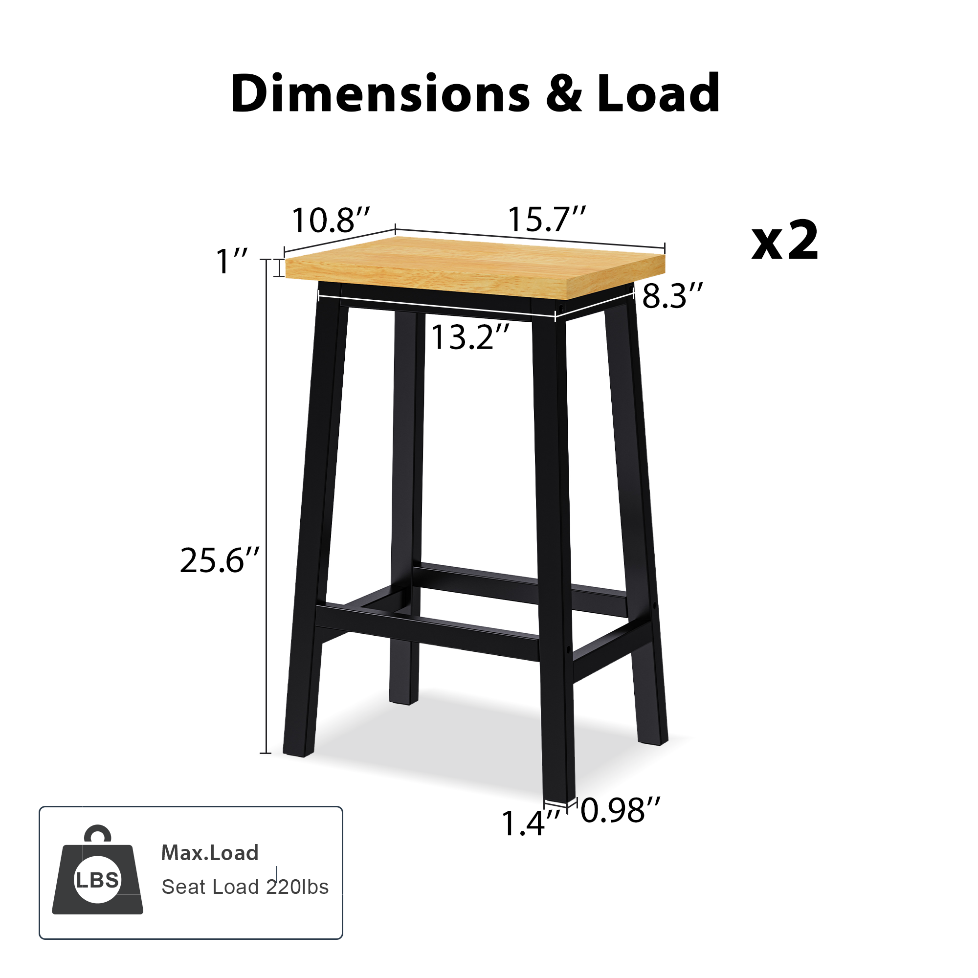 K&K Solid Wood Bar Stools (Not Cheap Iron), 25.6" Tall Set of 2 Bar Chairs, Kitchen Counter Stools with Footrests, Farmhouse Stools for Dining Room, Kitchen, Counter, Black - Image 3