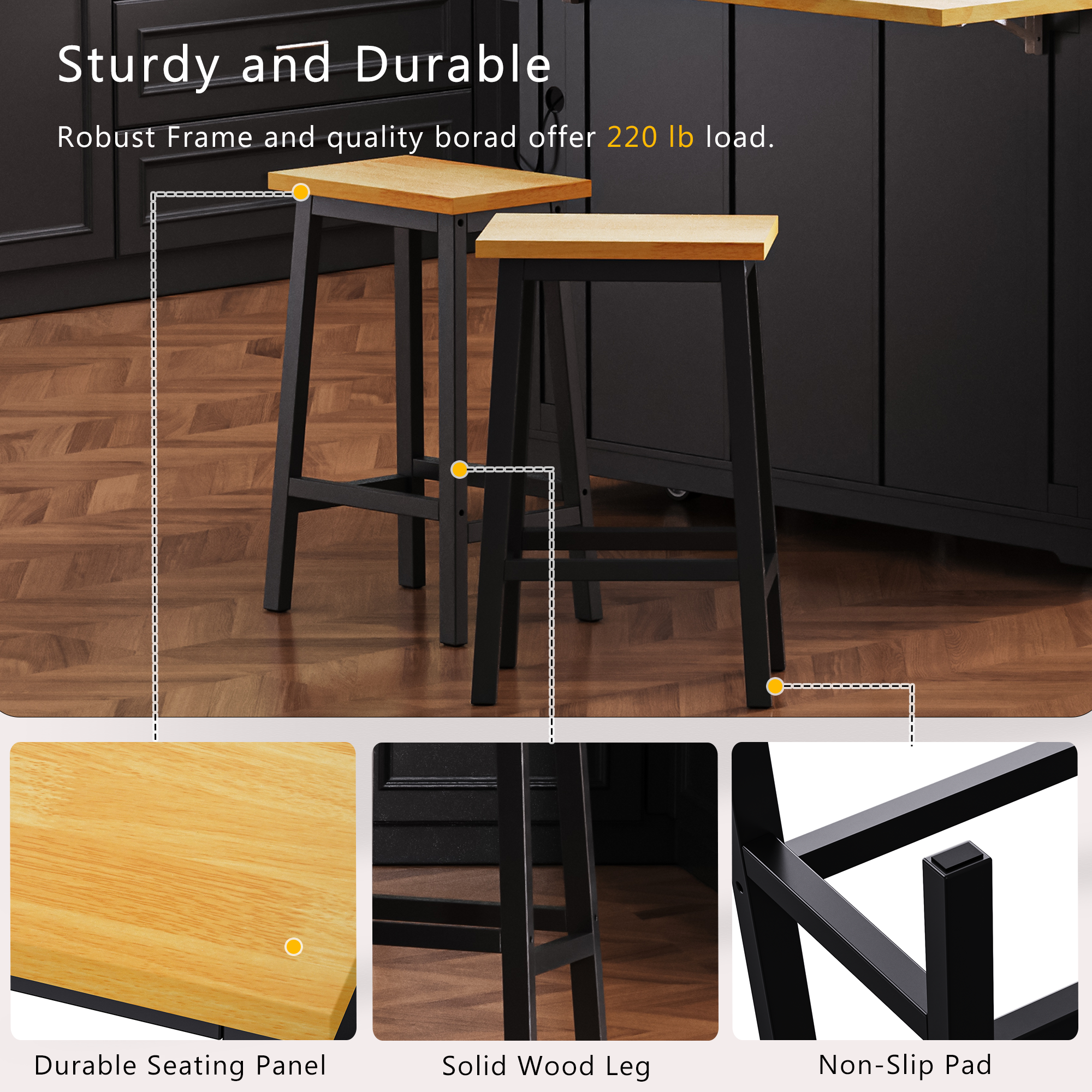 K&K Solid Wood Bar Stools (Not Cheap Iron), 25.6" Tall Set of 2 Bar Chairs, Kitchen Counter Stools with Footrests, Farmhouse Stools for Dining Room, Kitchen, Counter, Black - Image 4