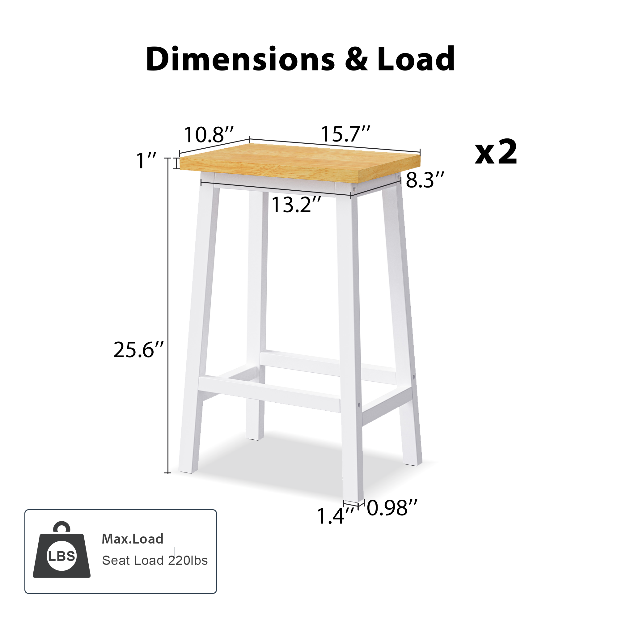 K&K Solid Wood Bar Stools (Not Cheap Iron), 25.6" Tall Set of 2 Bar Chairs, Kitchen Counter Stools with Footrests, Farmhouse Stools for Dining Room, Kitchen, Counter, White - Image 3