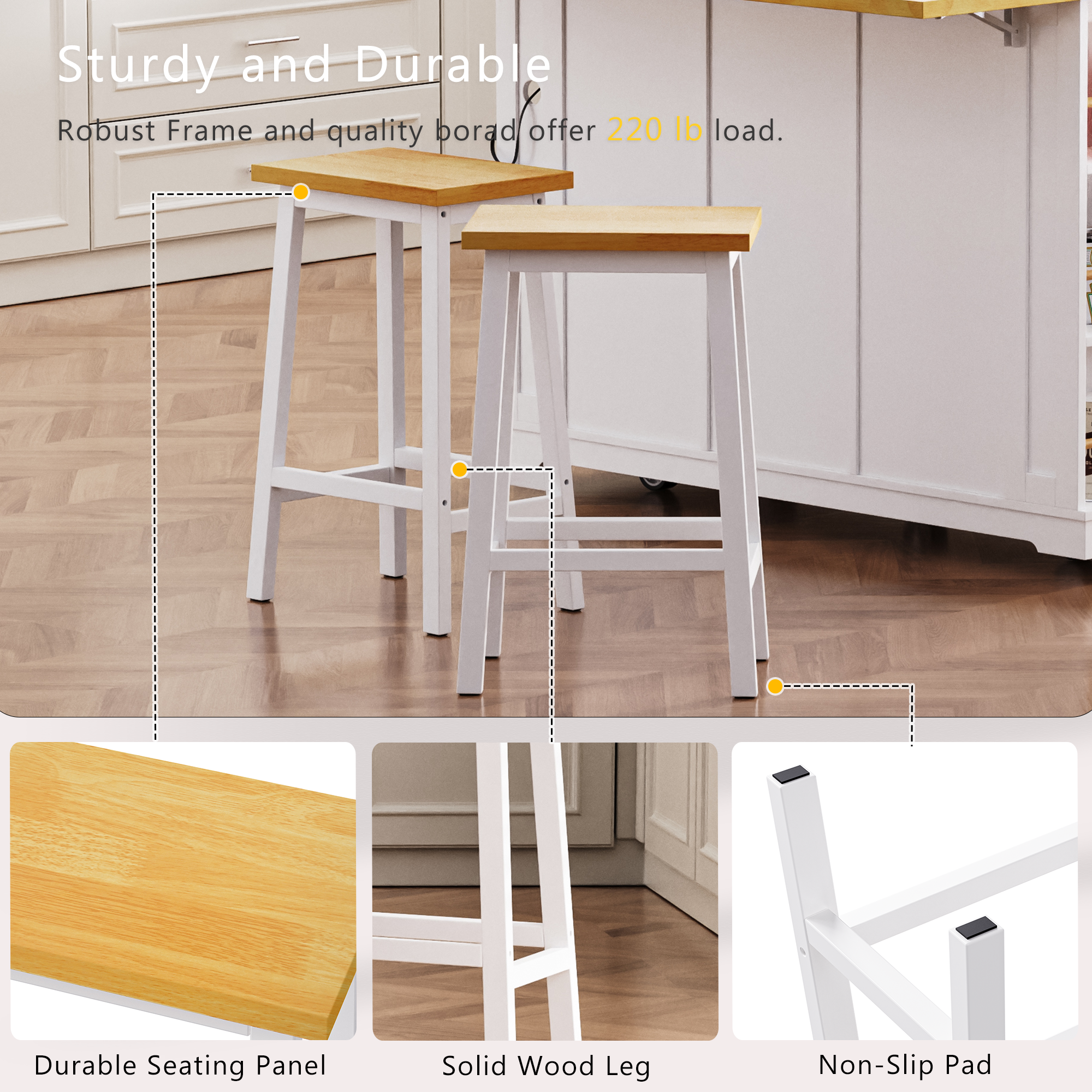 K&K Solid Wood Bar Stools (Not Cheap Iron), 25.6" Tall Set of 2 Bar Chairs, Kitchen Counter Stools with Footrests, Farmhouse Stools for Dining Room, Kitchen, Counter, White - Image 4