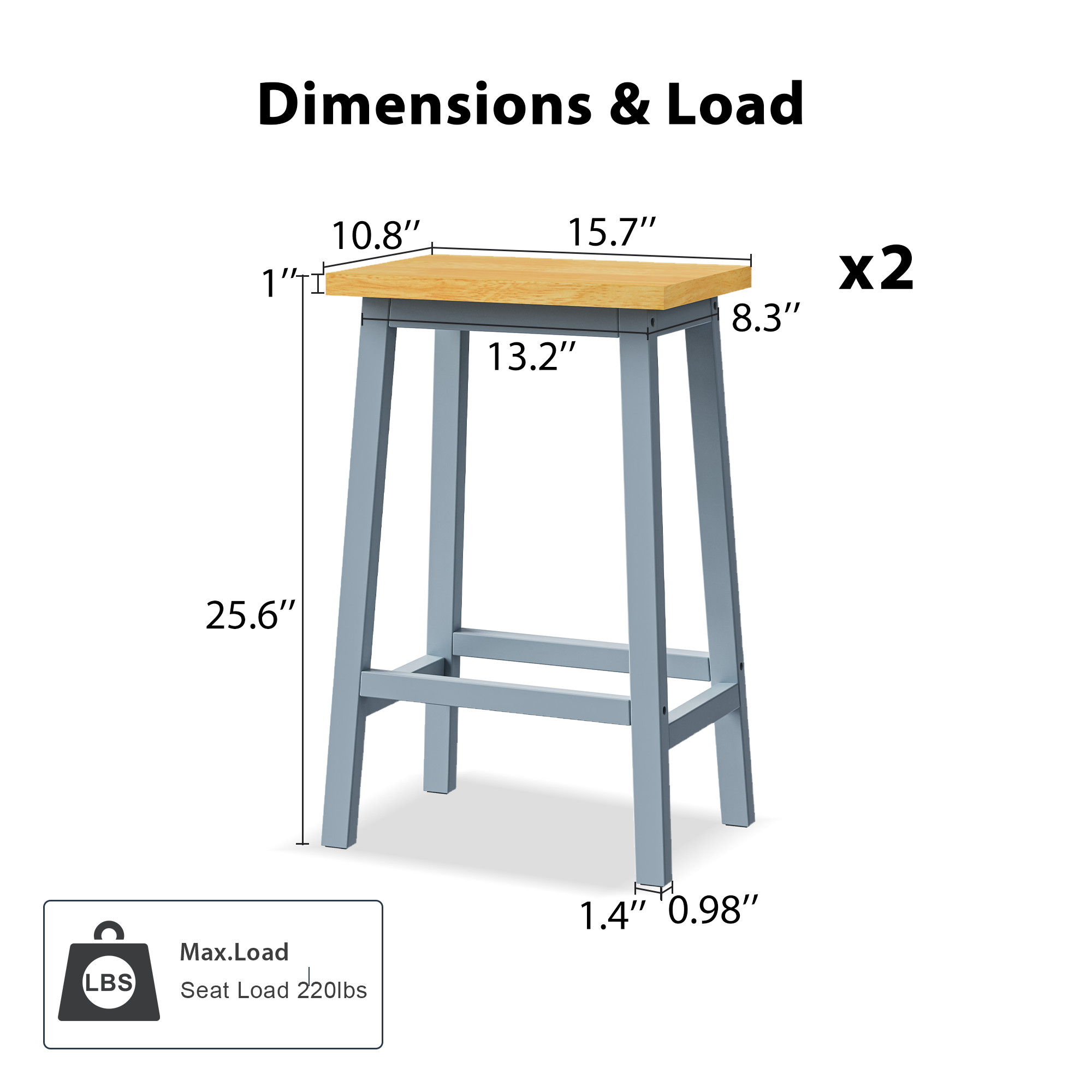 K&K Solid Wood Bar Stools (Not Cheap Iron), 25.6" Tall Set of 2 Bar Chairs, Kitchen Counter Stools with Footrests, Farmhouse Stools for Dining Room, Kitchen, Counter, Grey Blue - Image 3