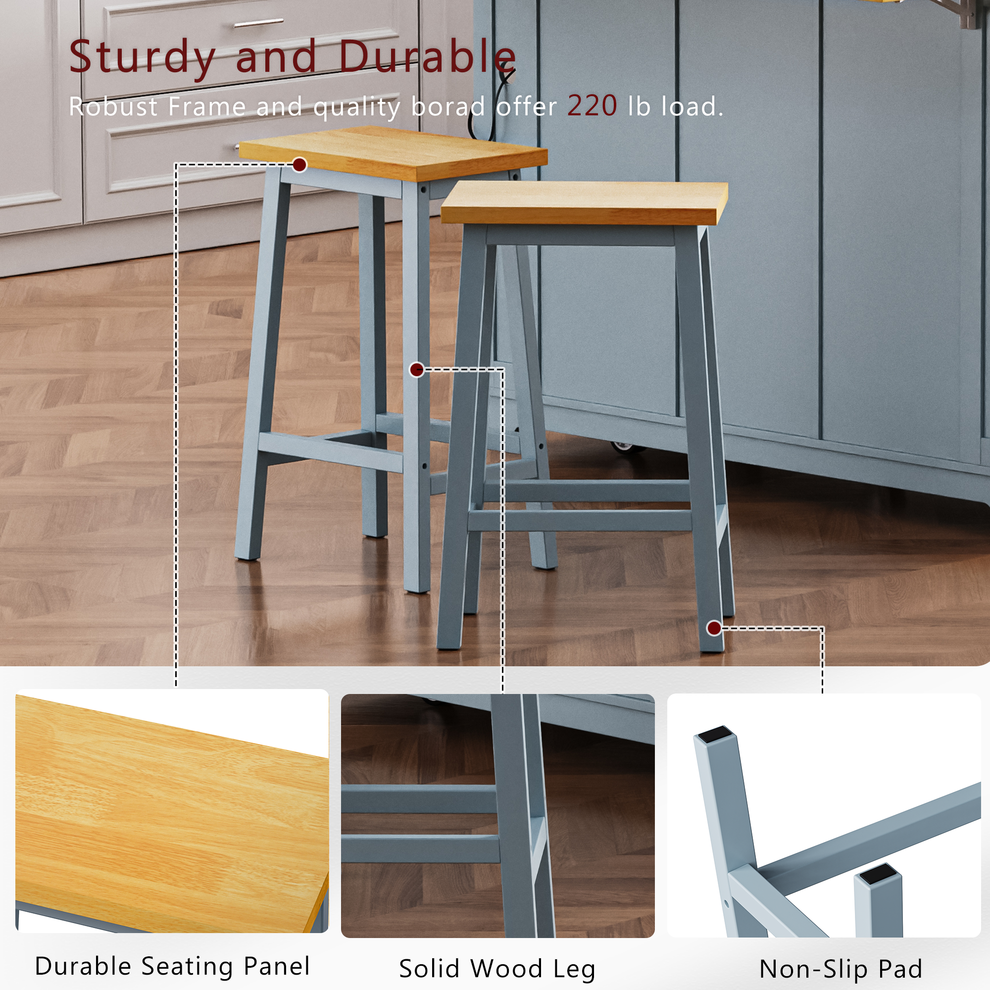 K&K Solid Wood Bar Stools (Not Cheap Iron), 25.6" Tall Set of 2 Bar Chairs, Kitchen Counter Stools with Footrests, Farmhouse Stools for Dining Room, Kitchen, Counter, Grey Blue - Image 4