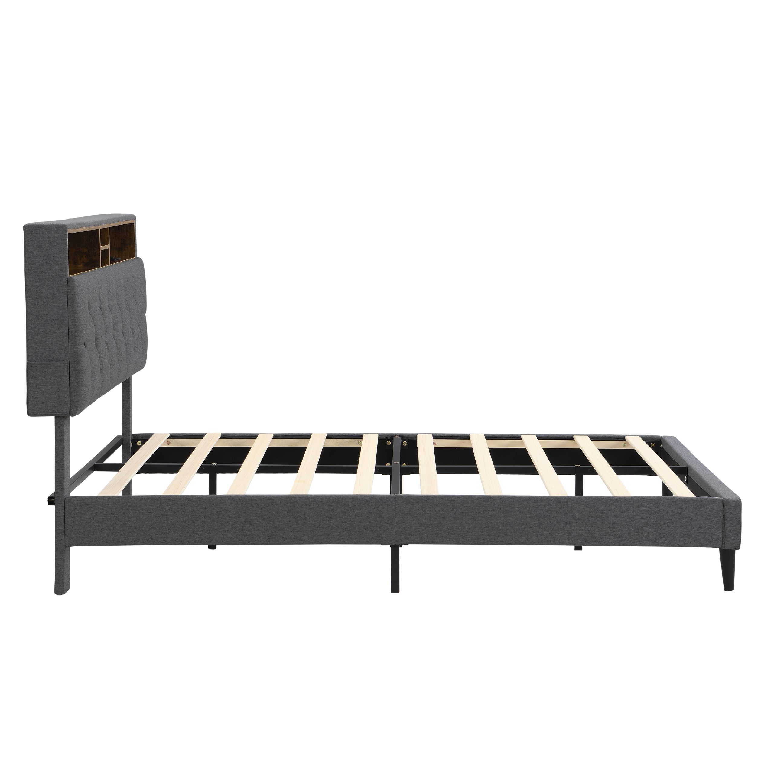 KING -Size Upholstered Platform Bed Frame with a Modern Button-Tufted Linen Fabric Headboard,USB Ports,Convenient Charging Station,two side-mounted pockets,not require a box spring, Dark Grey - Image 5
