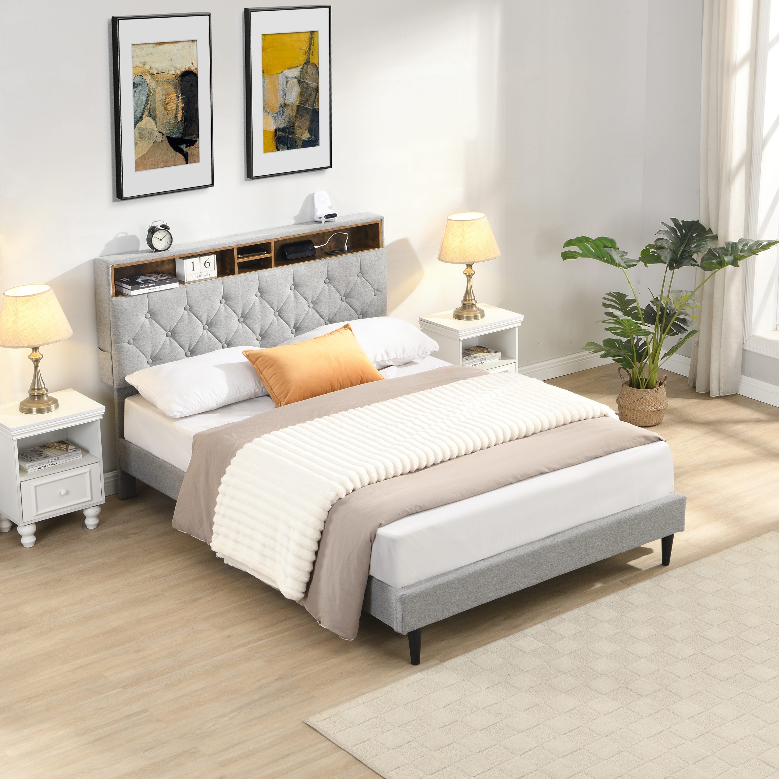 Queen-Size Upholstered Platform Bed Frame with a Modern Button-Tufted Linen Fabric Headboard,USB Ports,Convenient Charging Station,two side-mounted pockets,not require a box spring,Light Grey
