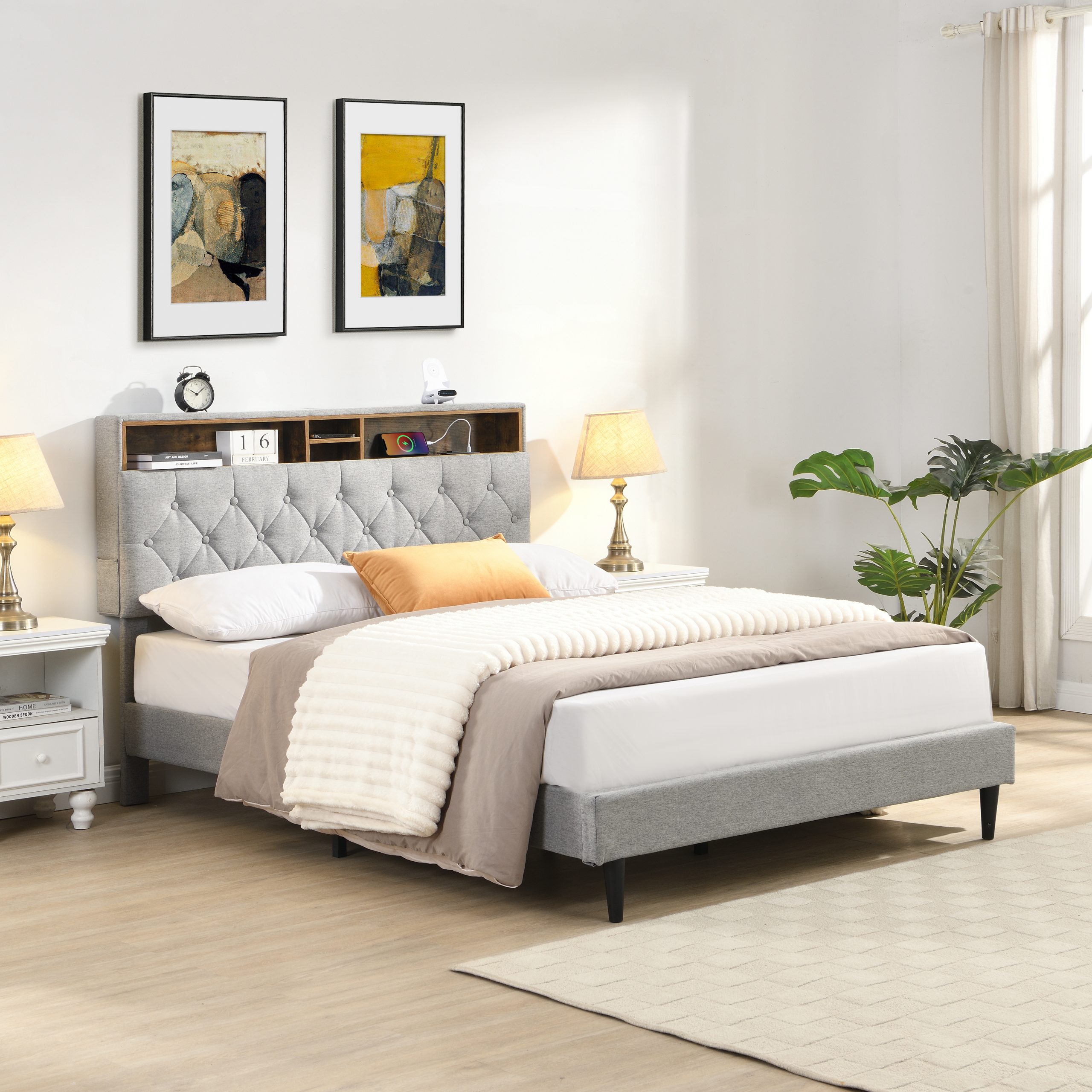 Queen-Size Upholstered Platform Bed Frame with a Modern Button-Tufted Linen Fabric Headboard,USB Ports,Convenient Charging Station,two side-mounted pockets,not require a box spring,Light Grey - Image 2
