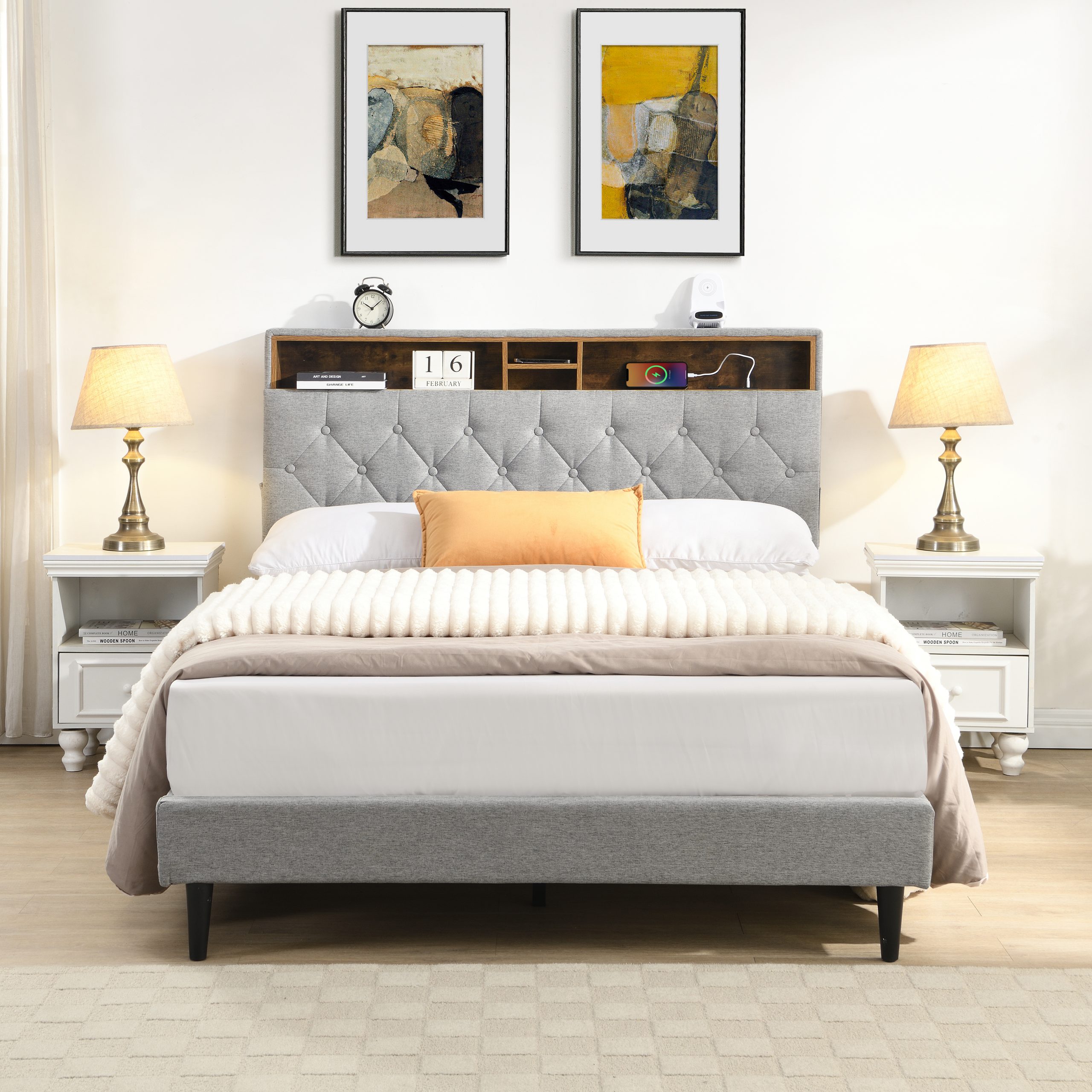 Queen-Size Upholstered Platform Bed Frame with a Modern Button-Tufted Linen Fabric Headboard,USB Ports,Convenient Charging Station,two side-mounted pockets,not require a box spring,Light Grey - Image 3