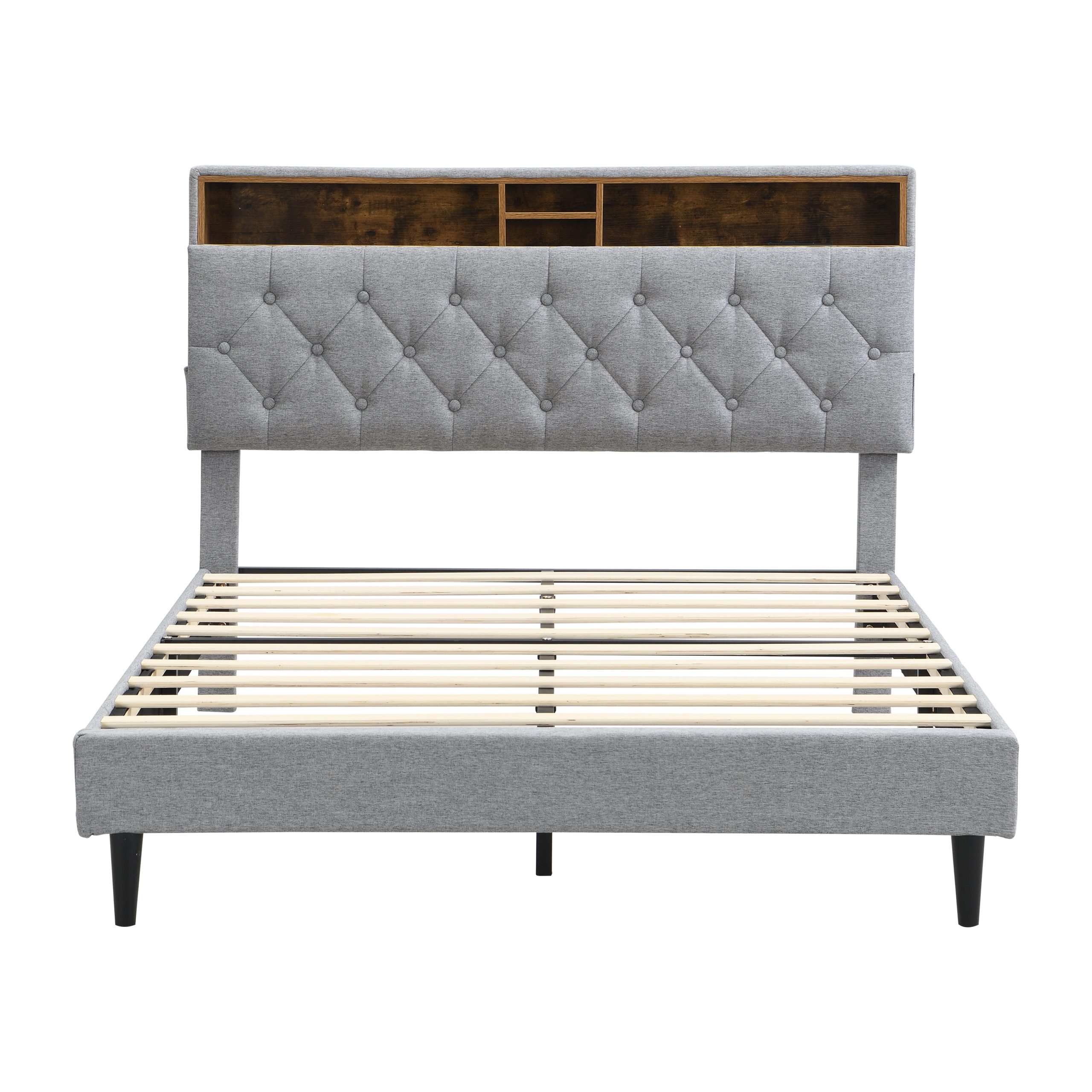 Queen-Size Upholstered Platform Bed Frame with a Modern Button-Tufted Linen Fabric Headboard,USB Ports,Convenient Charging Station,two side-mounted pockets,not require a box spring,Light Grey - Image 4