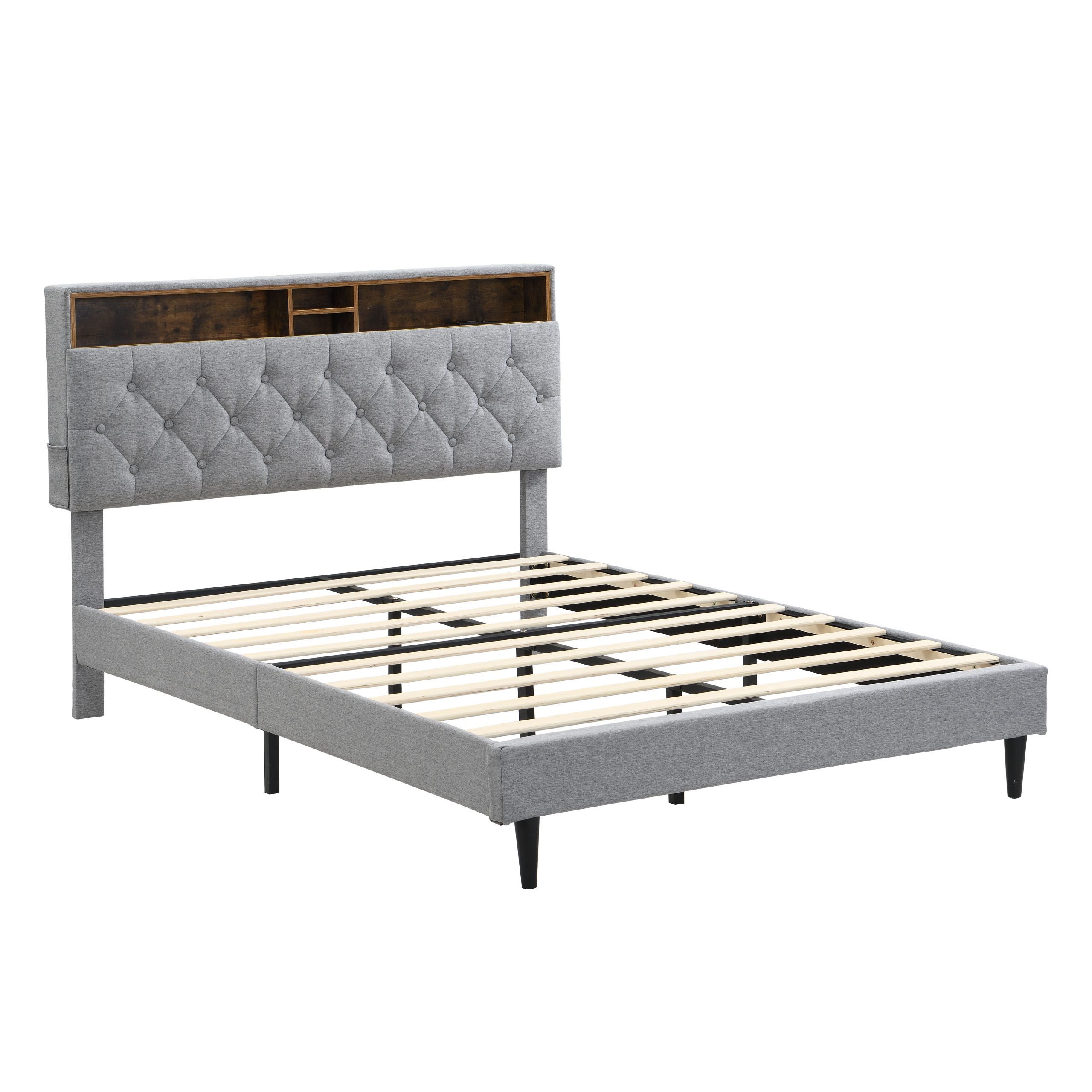 Queen-Size Upholstered Platform Bed Frame with a Modern Button-Tufted Linen Fabric Headboard,USB Ports,Convenient Charging Station,two side-mounted pockets,not require a box spring,Light Grey - Image 5