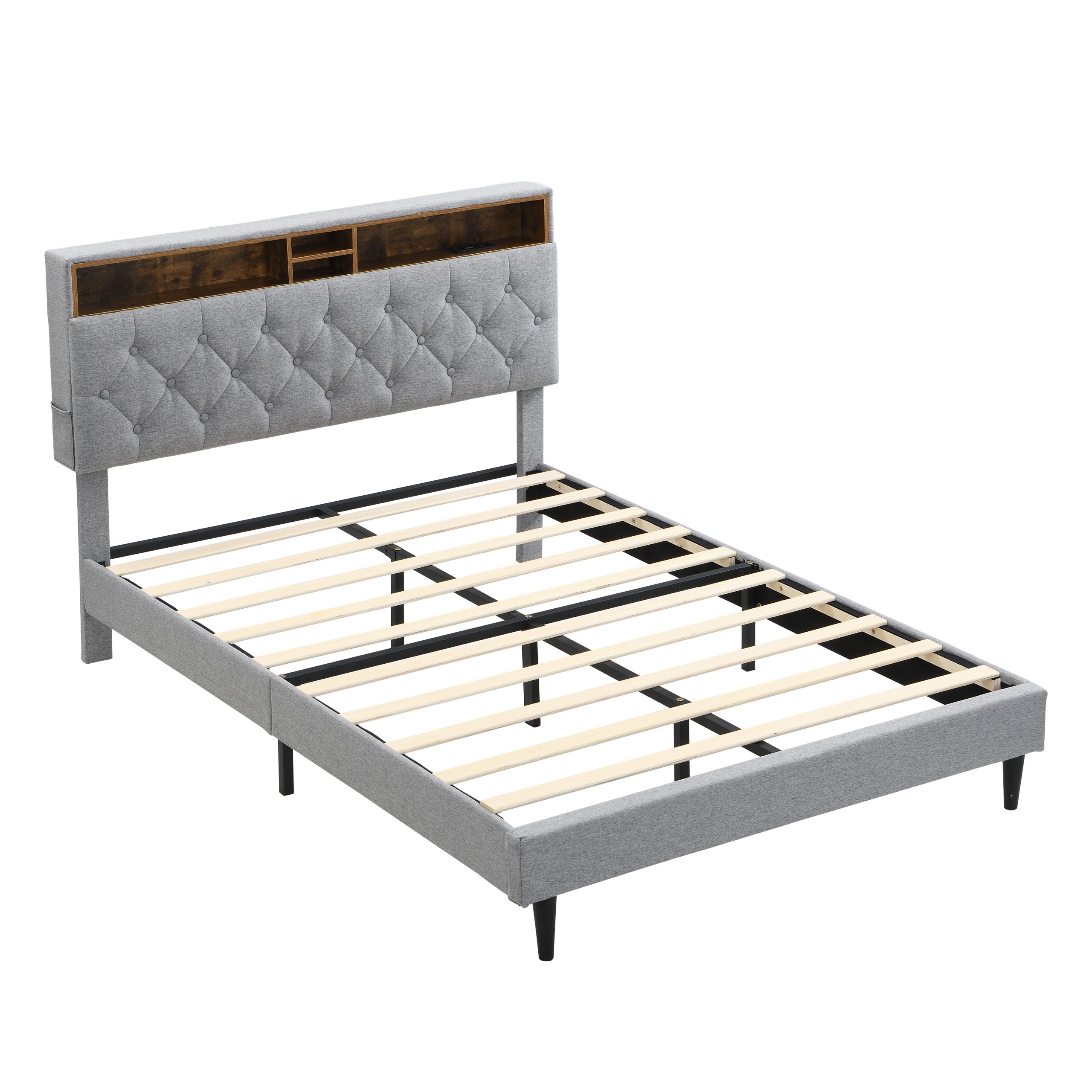 Queen-Size Upholstered Platform Bed Frame with a Modern Button-Tufted Linen Fabric Headboard,USB Ports,Convenient Charging Station,two side-mounted pockets,not require a box spring,Light Grey - Image 6