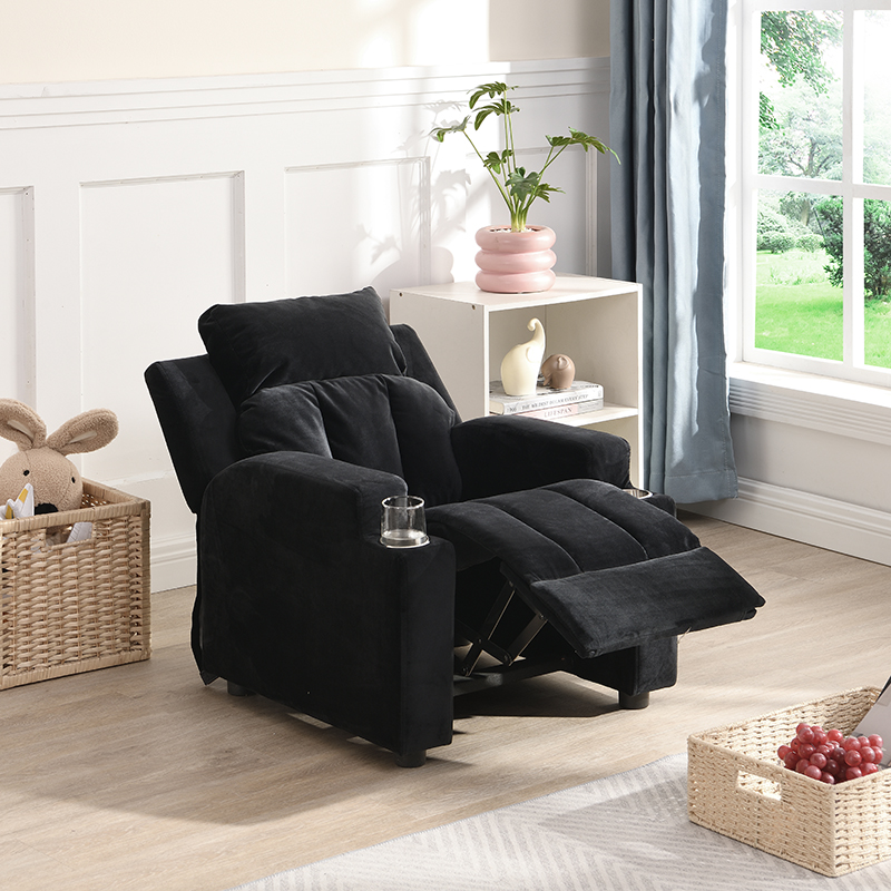 Kids Recliner Chair, Kids Upholstered Couch with Two Cup Holder, Footrest, Backrest, Toddlers Velvet Recliner with Headrest and Footrest - Image 3