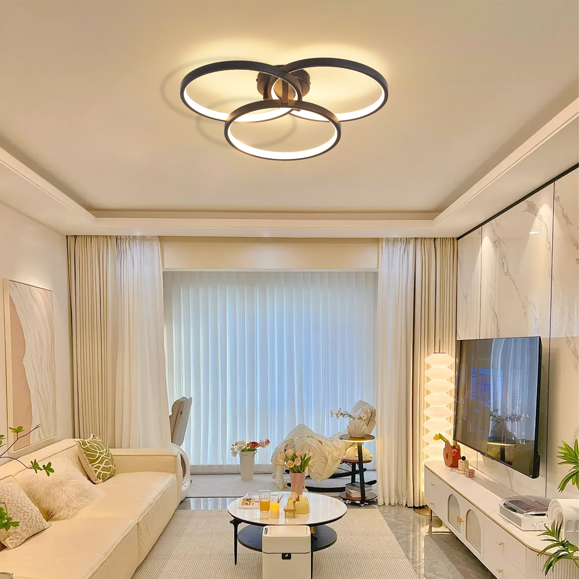 20" Modern Black LED Ceiling Light, 3-Ring Flush Mount Fixture for Living Room, Bedroom, or Dining Room, Sleek and Energy-Efficient Design, Easy Installation - Image 3