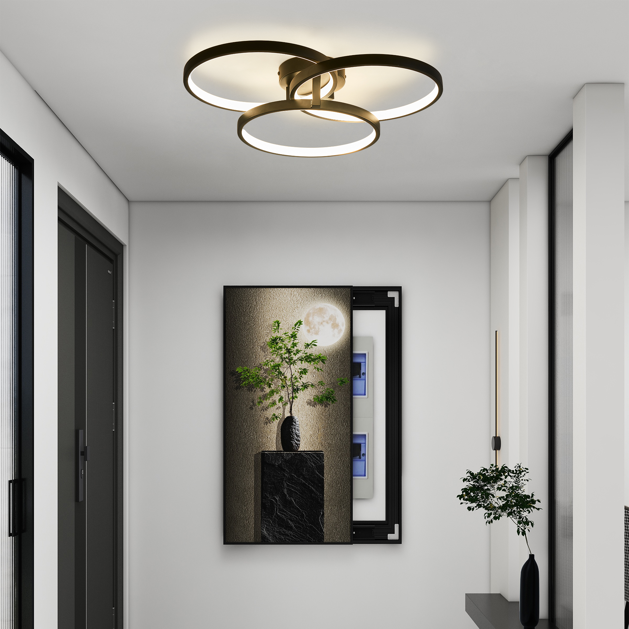 20" Modern Black LED Ceiling Light, 3-Ring Flush Mount Fixture for Living Room, Bedroom, or Dining Room, Sleek and Energy-Efficient Design, Easy Installation - Image 4