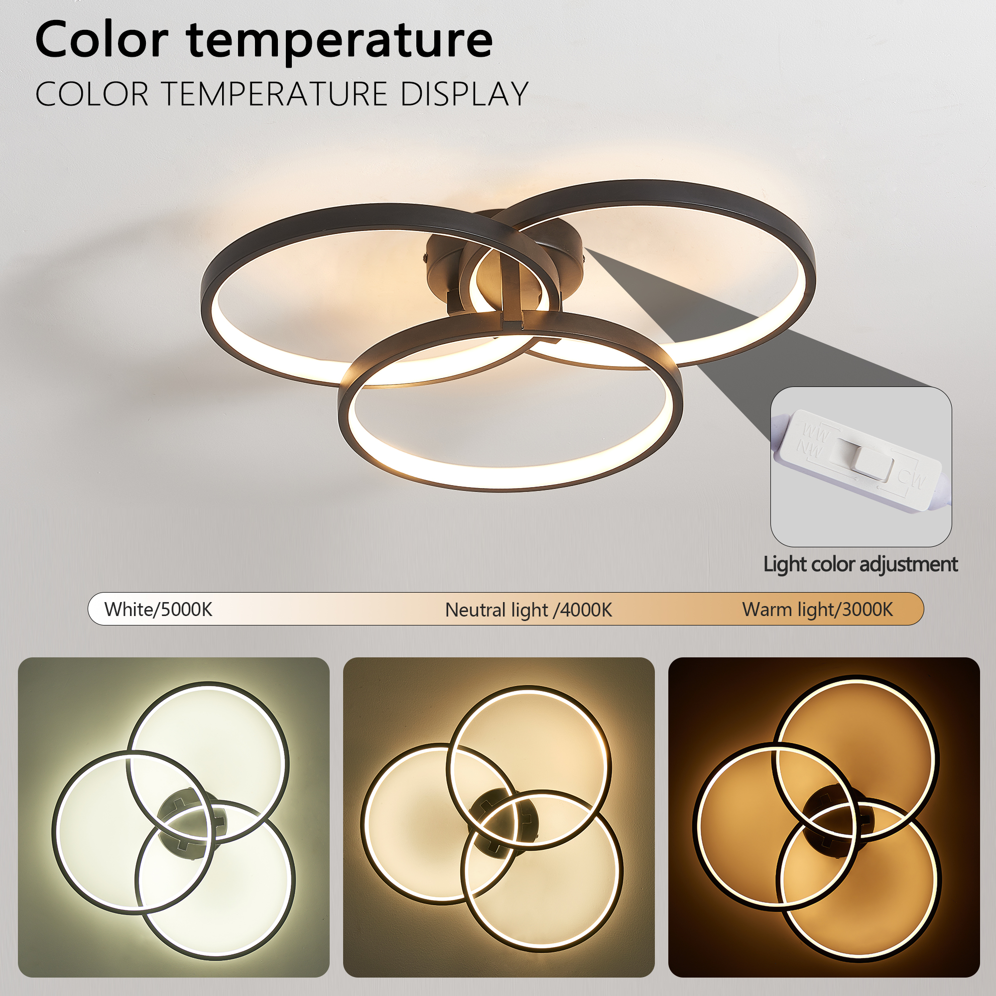 20" Modern Black LED Ceiling Light, 3-Ring Flush Mount Fixture for Living Room, Bedroom, or Dining Room, Sleek and Energy-Efficient Design, Easy Installation - Image 5