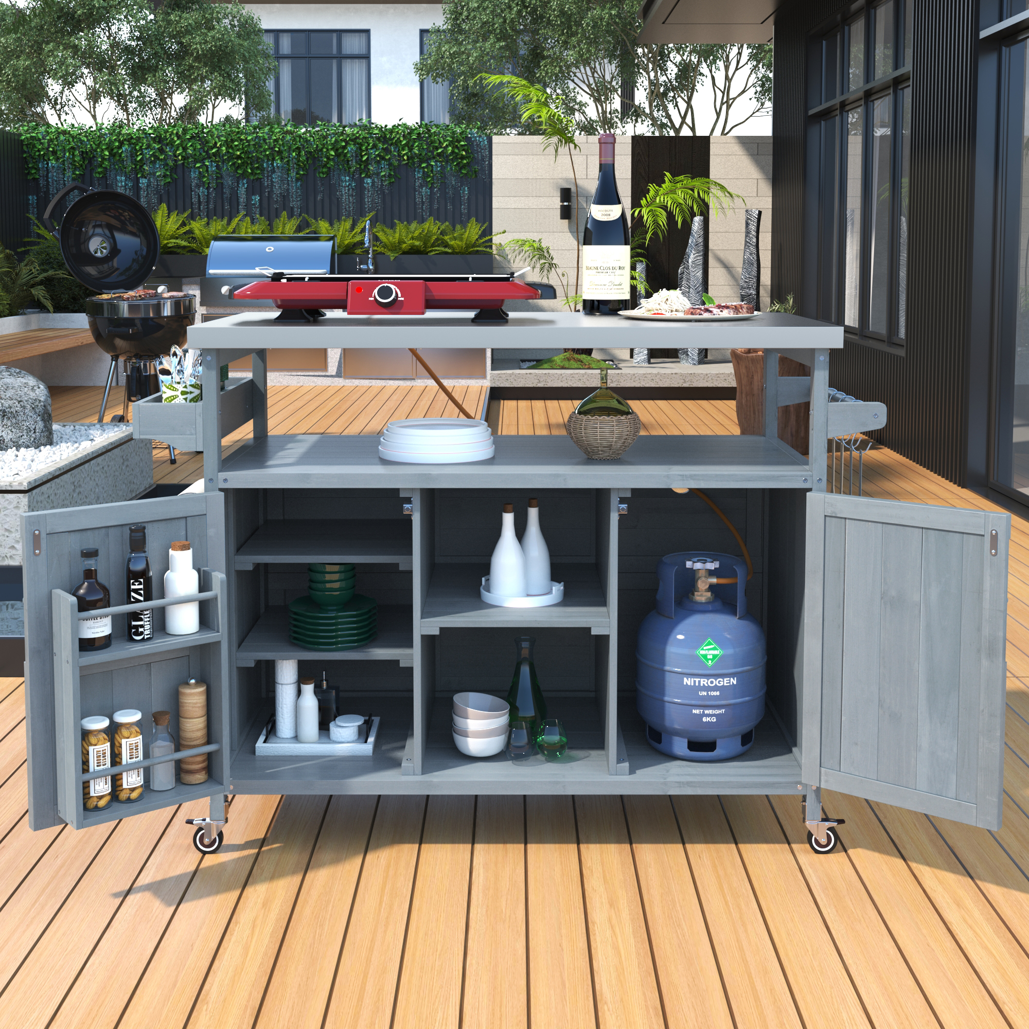 K&K Outdoor Kitchen Island, Rolling Bar Cart & Storage Cabinet, Farmhouse Solid Wood Outdoor Grill Table with Stainless Steel Top, Spice Rack , Towel Rack for Kitchen & BBQ , Grey Blue - Image 2
