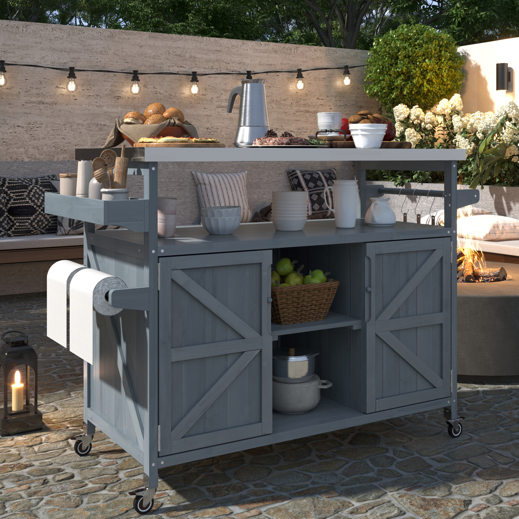 K&K Outdoor Kitchen Island, Rolling Bar Cart & Storage Cabinet, Farmhouse Solid Wood Outdoor Grill Table with Stainless Steel Top, Spice Rack , Towel Rack for Kitchen & BBQ , Grey Blue - Image 3
