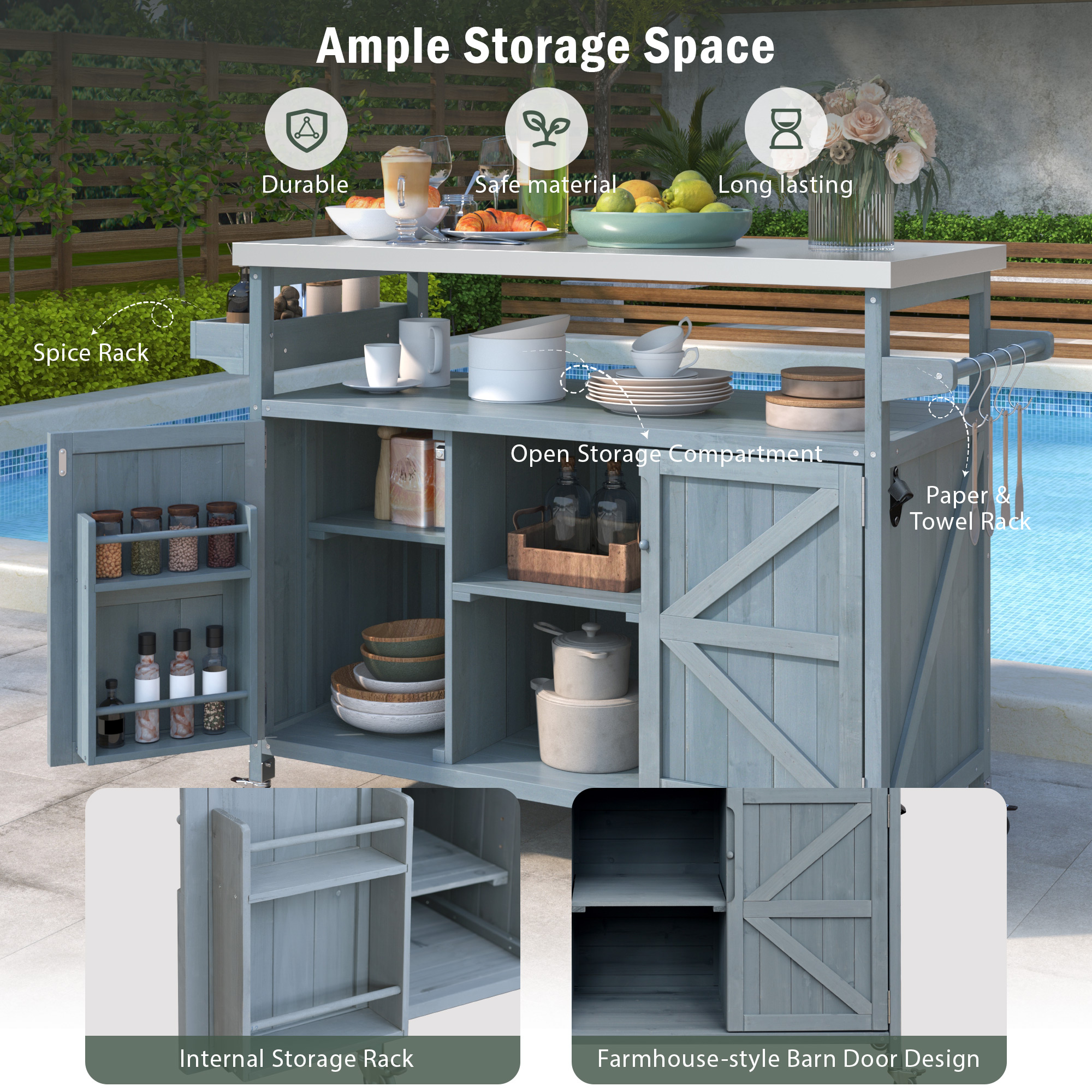 K&K Outdoor Kitchen Island, Rolling Bar Cart & Storage Cabinet, Farmhouse Solid Wood Outdoor Grill Table with Stainless Steel Top, Spice Rack , Towel Rack for Kitchen & BBQ , Grey Blue - Image 4