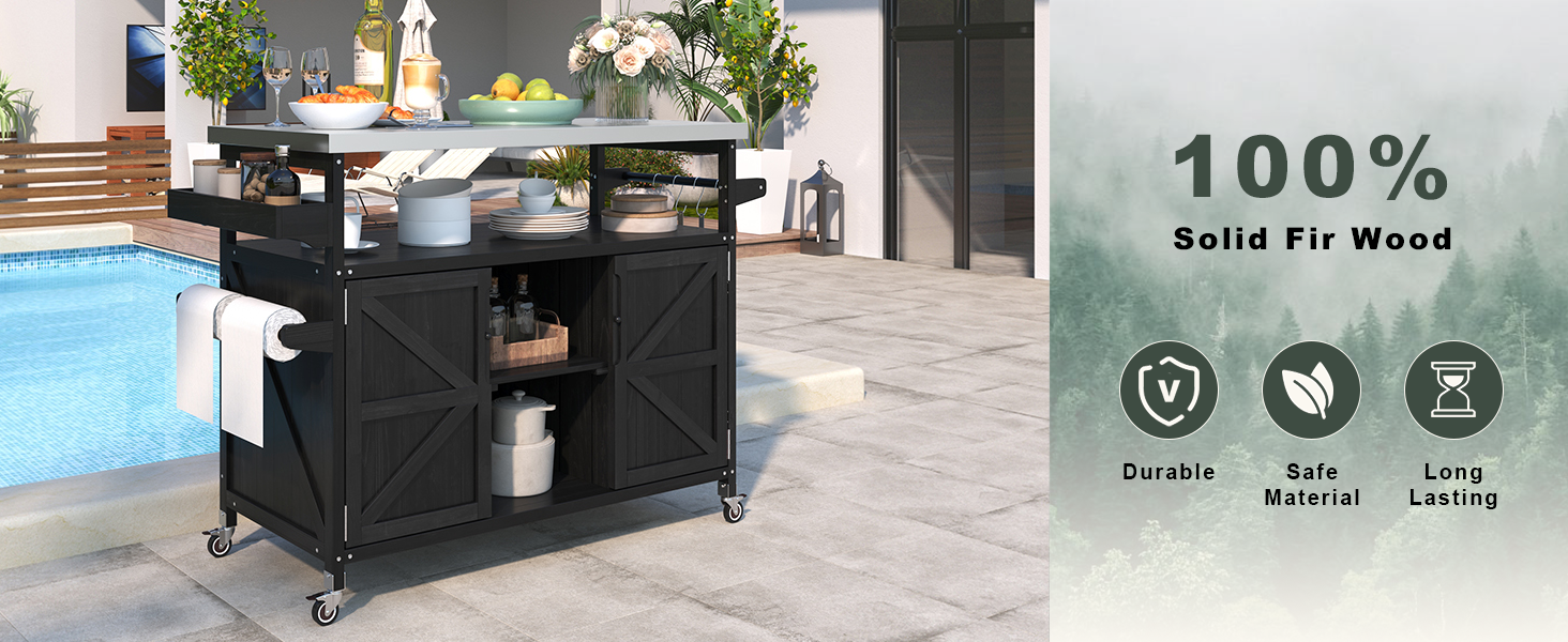 K&K Outdoor Kitchen Island, Rolling Bar Cart & Storage Cabinet, Farmhouse Solid Wood Outdoor Grill Table with Stainless Steel Top, Spice Rack , Towel Rack for Kitchen & Barbecue, Black - Image 2