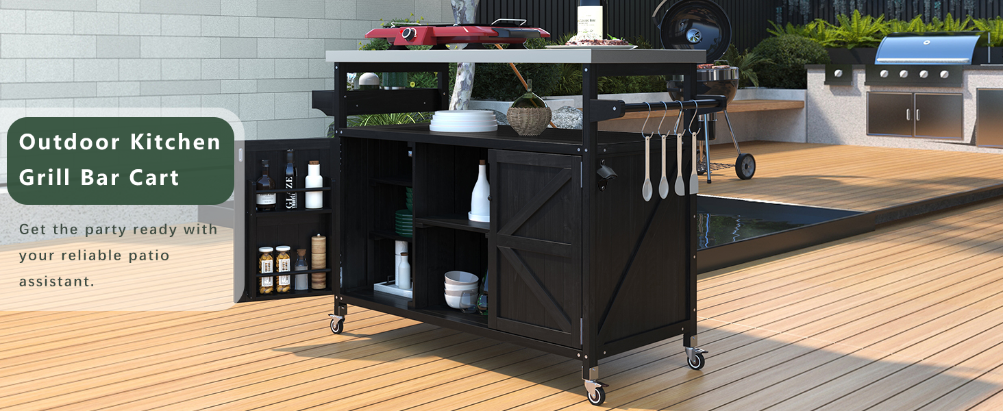 K&K Outdoor Kitchen Island, Rolling Bar Cart & Storage Cabinet, Farmhouse Solid Wood Outdoor Grill Table with Stainless Steel Top, Spice Rack , Towel Rack for Kitchen & Barbecue, Black - Image 3