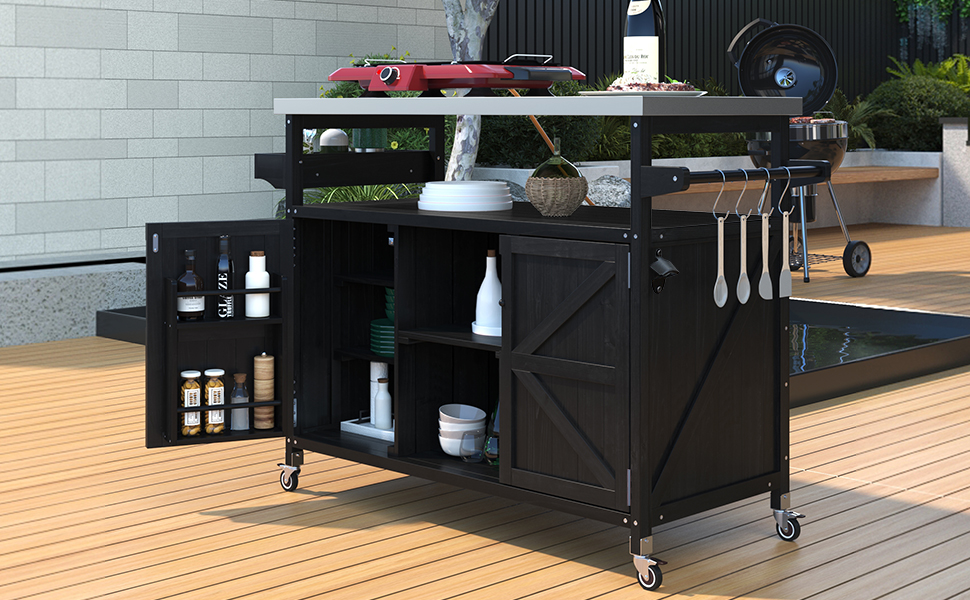 K&K Outdoor Kitchen Island, Rolling Bar Cart & Storage Cabinet, Farmhouse Solid Wood Outdoor Grill Table with Stainless Steel Top, Spice Rack , Towel Rack for Kitchen & Barbecue, Black - Image 4