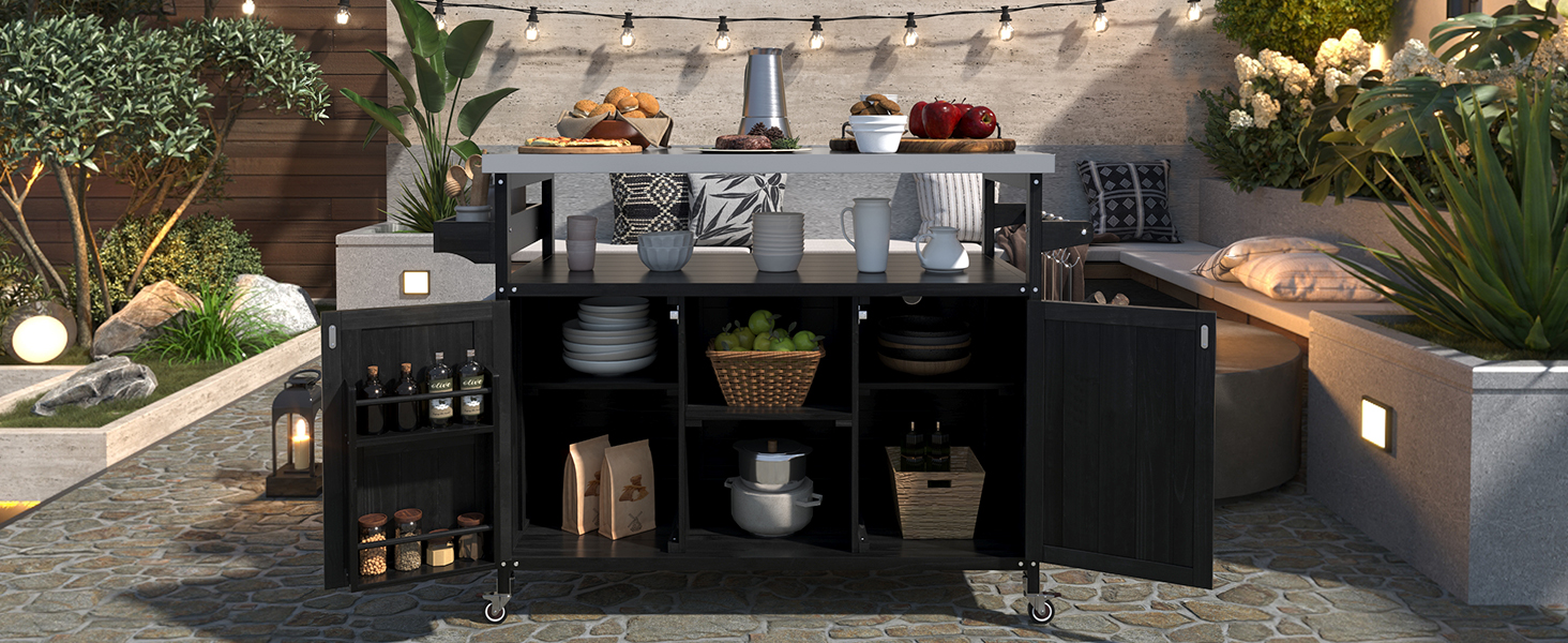 K&K Outdoor Kitchen Island, Rolling Bar Cart & Storage Cabinet, Farmhouse Solid Wood Outdoor Grill Table with Stainless Steel Top, Spice Rack , Towel Rack for Kitchen & Barbecue, Black - Image 5