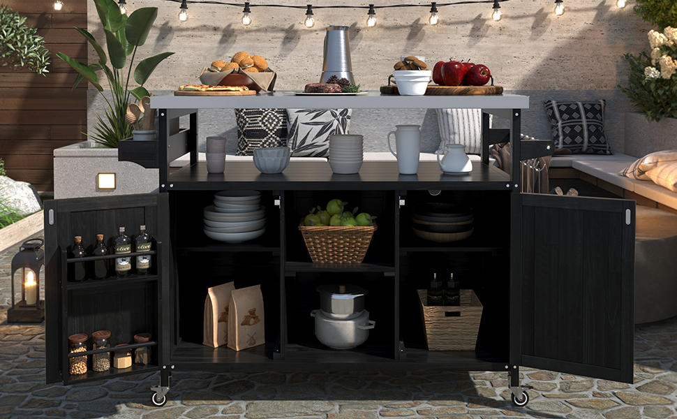 K&K Outdoor Kitchen Island, Rolling Bar Cart & Storage Cabinet, Farmhouse Solid Wood Outdoor Grill Table with Stainless Steel Top, Spice Rack , Towel Rack for Kitchen & Barbecue, Black - Image 6