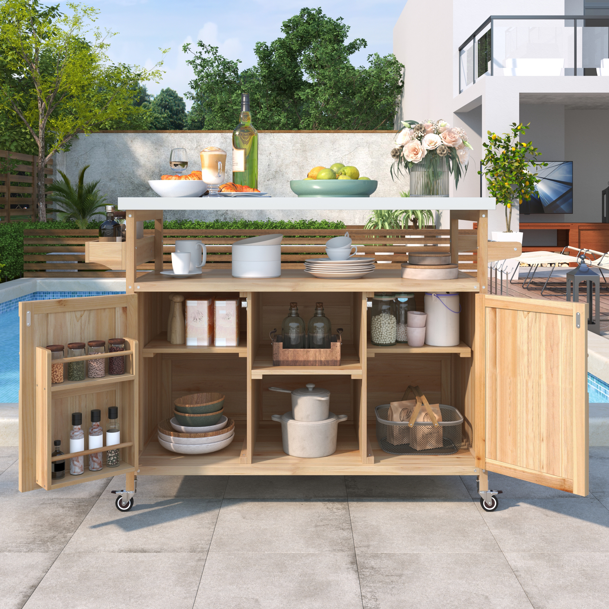 K&K Outdoor Kitchen Island, Rolling Bar Cart & Storage Cabinet, Farmhouse Solid Wood Outdoor Grill Table with Stainless Steel Top, Spice Rack , Towel Rack for Kitchen & BBQ , Natural - Image 2
