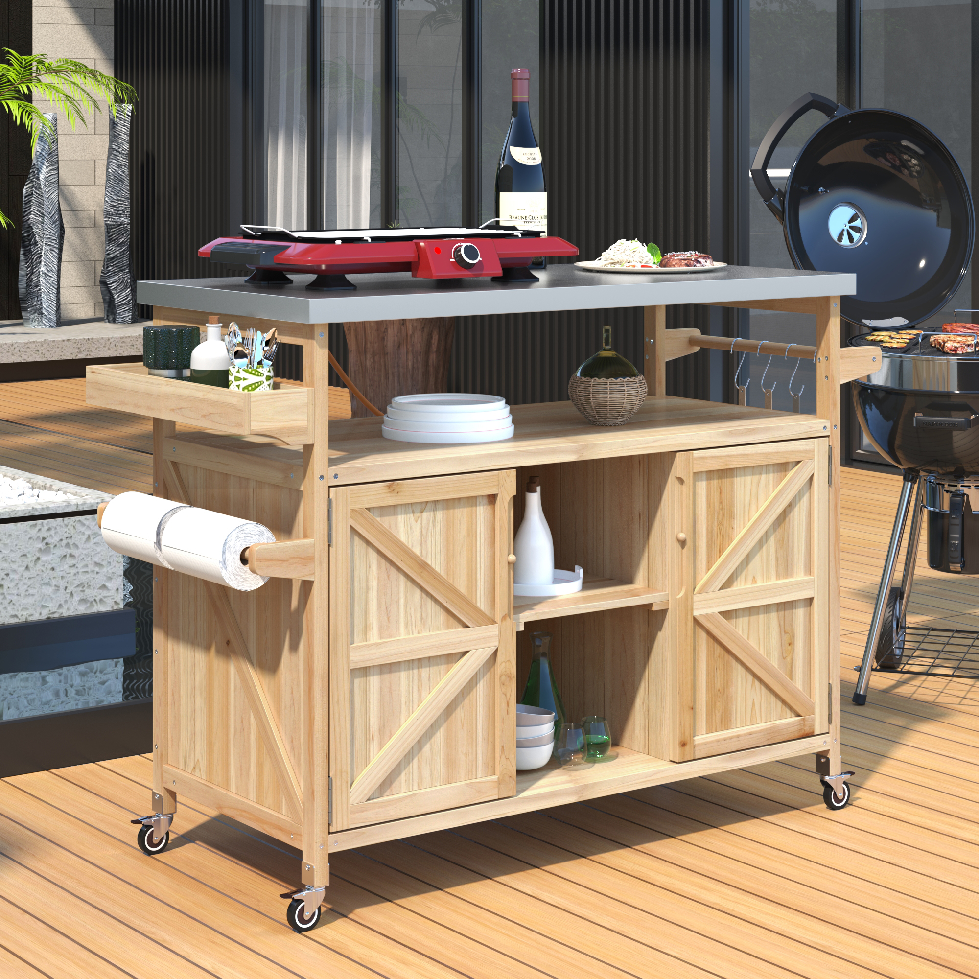 K&K Outdoor Kitchen Island, Rolling Bar Cart & Storage Cabinet, Farmhouse Solid Wood Outdoor Grill Table with Stainless Steel Top, Spice Rack , Towel Rack for Kitchen & BBQ , Natural - Image 3