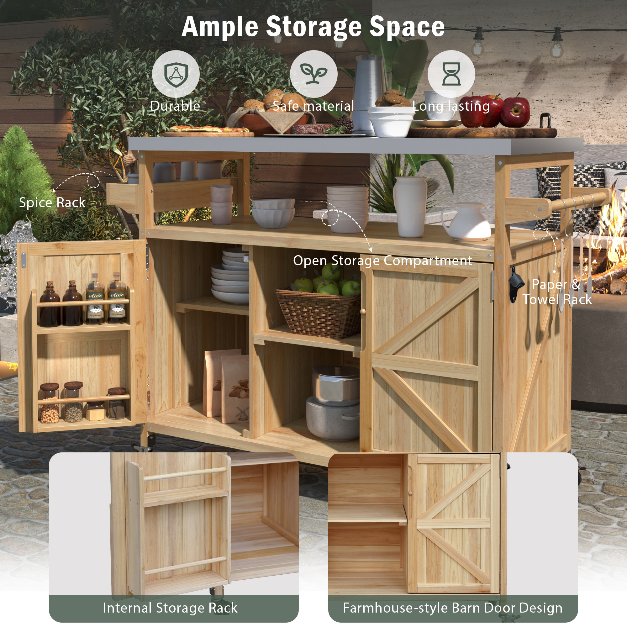 K&K Outdoor Kitchen Island, Rolling Bar Cart & Storage Cabinet, Farmhouse Solid Wood Outdoor Grill Table with Stainless Steel Top, Spice Rack , Towel Rack for Kitchen & BBQ , Natural - Image 4