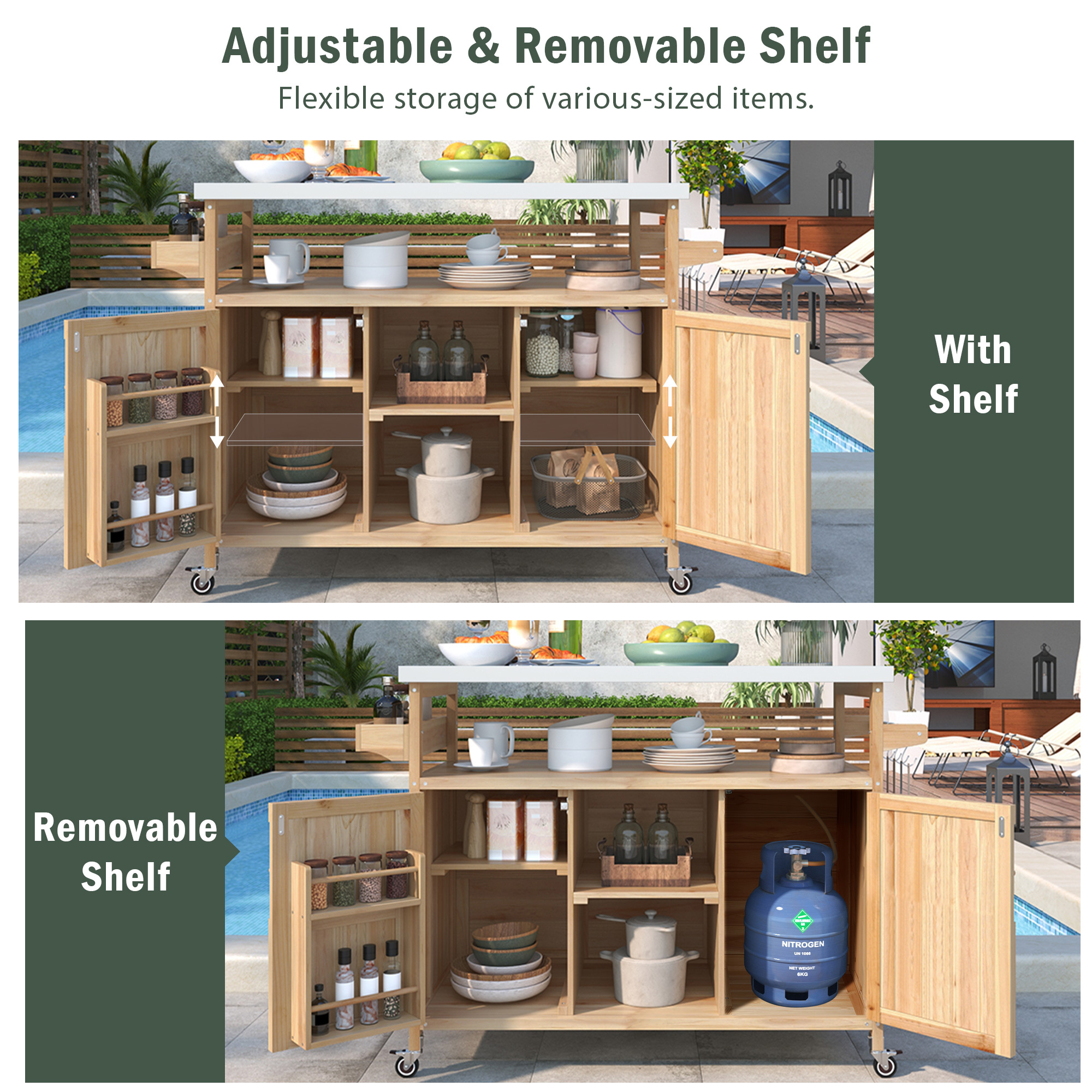 K&K Outdoor Kitchen Island, Rolling Bar Cart & Storage Cabinet, Farmhouse Solid Wood Outdoor Grill Table with Stainless Steel Top, Spice Rack , Towel Rack for Kitchen & BBQ , Natural - Image 5