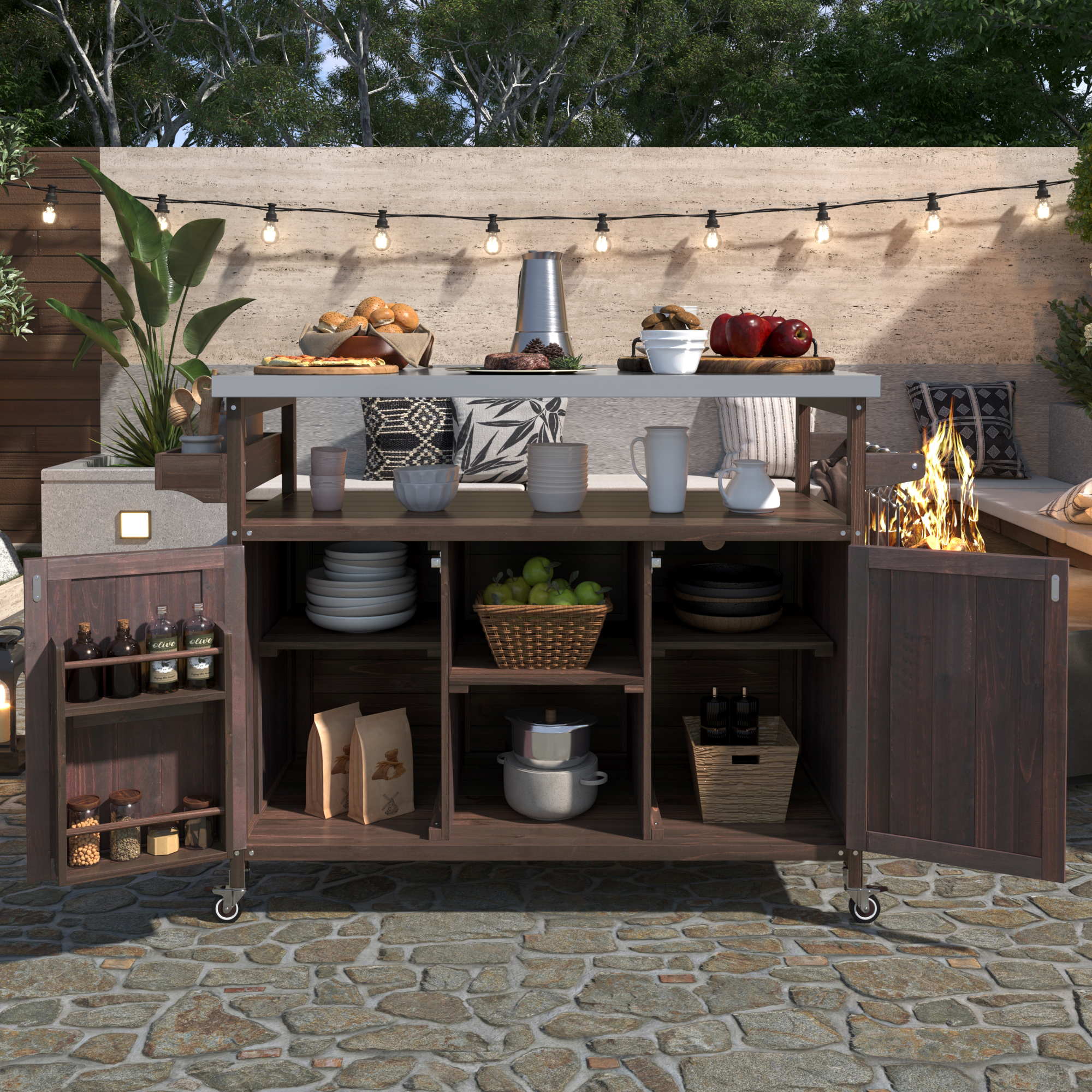 K&K Outdoor Kitchen Island, Rolling Bar Cart & Storage Cabinet, Farmhouse Solid Wood Outdoor Grill Table with Stainless Steel Top, Spice Rack , Towel Rack for Kitchen & Barbecue , Dark Brown - Image 2
