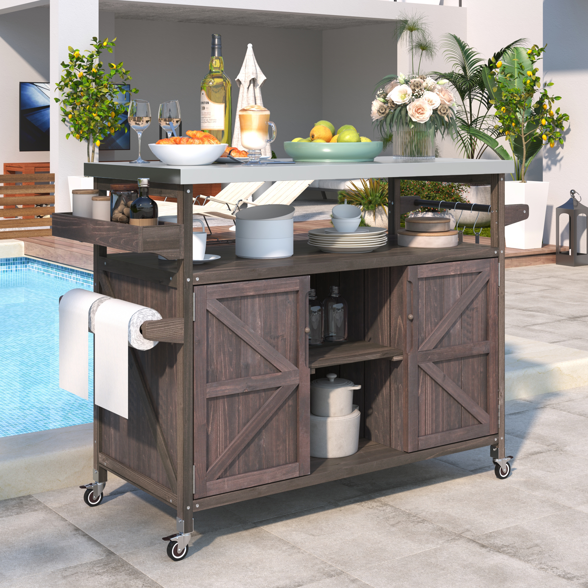 K&K Outdoor Kitchen Island, Rolling Bar Cart & Storage Cabinet, Farmhouse Solid Wood Outdoor Grill Table with Stainless Steel Top, Spice Rack , Towel Rack for Kitchen & Barbecue , Dark Brown - Image 3