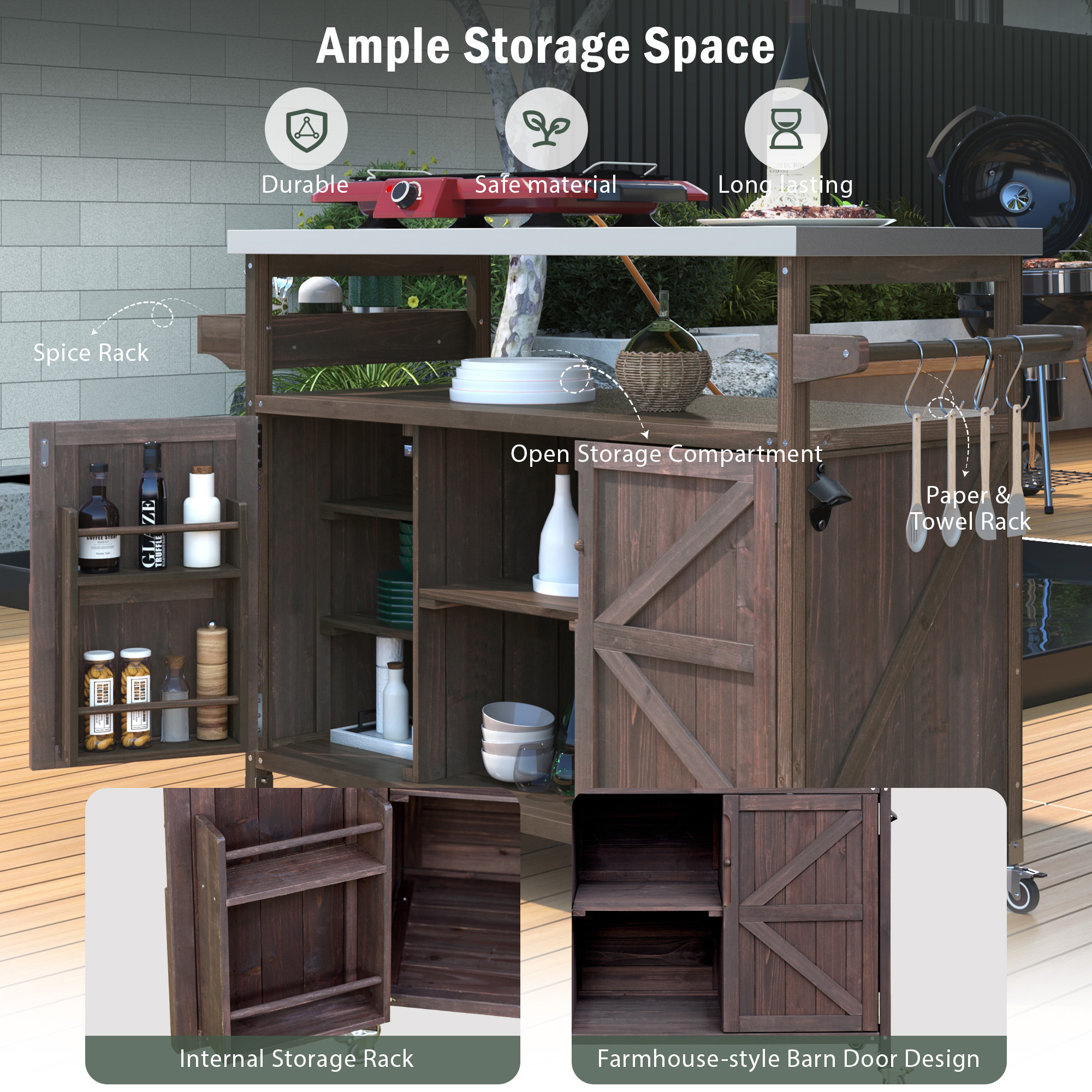 K&K Outdoor Kitchen Island, Rolling Bar Cart & Storage Cabinet, Farmhouse Solid Wood Outdoor Grill Table with Stainless Steel Top, Spice Rack , Towel Rack for Kitchen & Barbecue , Dark Brown - Image 4