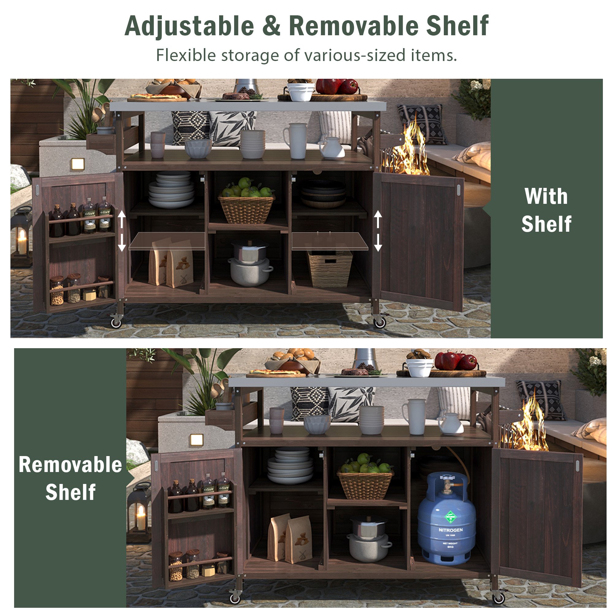K&K Outdoor Kitchen Island, Rolling Bar Cart & Storage Cabinet, Farmhouse Solid Wood Outdoor Grill Table with Stainless Steel Top, Spice Rack , Towel Rack for Kitchen & Barbecue , Dark Brown - Image 5