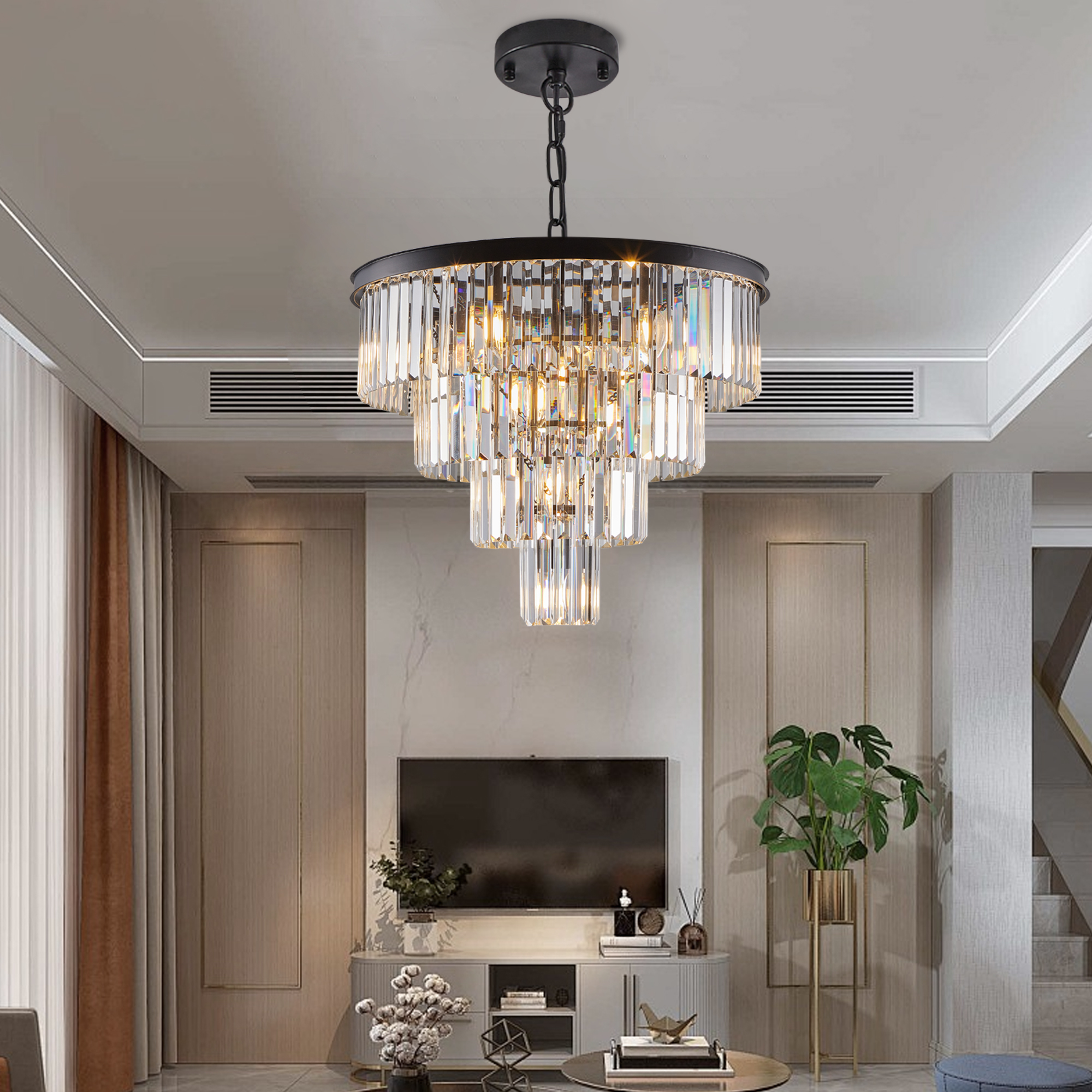 (Same as W1340P188542/L5007-600-B) 24" Contemporary Crystal Modern Chandeliers Crystal Ceiling Chandelier 4 Tier Black Chandelier Lighting for Dining Room Living Room Bedroom (Bulbs Not included) - Image 3