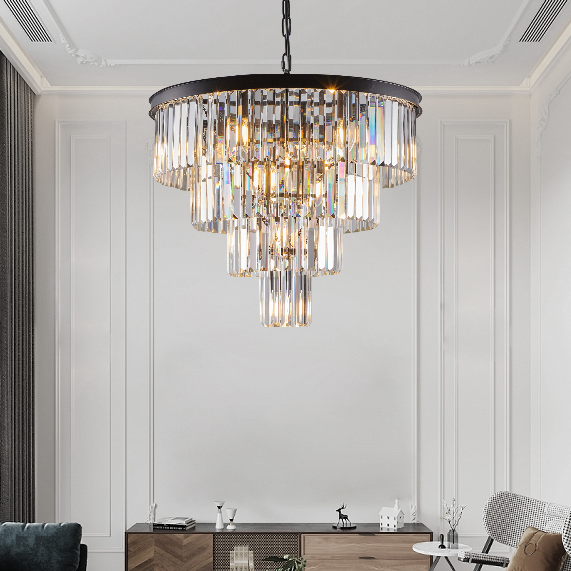 (Same as W1340P188542/L5007-600-B) 24" Contemporary Crystal Modern Chandeliers Crystal Ceiling Chandelier 4 Tier Black Chandelier Lighting for Dining Room Living Room Bedroom (Bulbs Not included) - Image 5